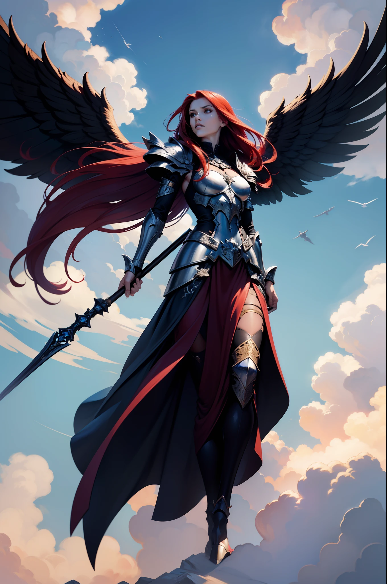 A steel-winged angel character with long red hair wearing Gothic tunic staff in the center of the image with open wings flying looking from above with a serious look back 8k beautiful armor detailed with art painting sky blue clouds sun