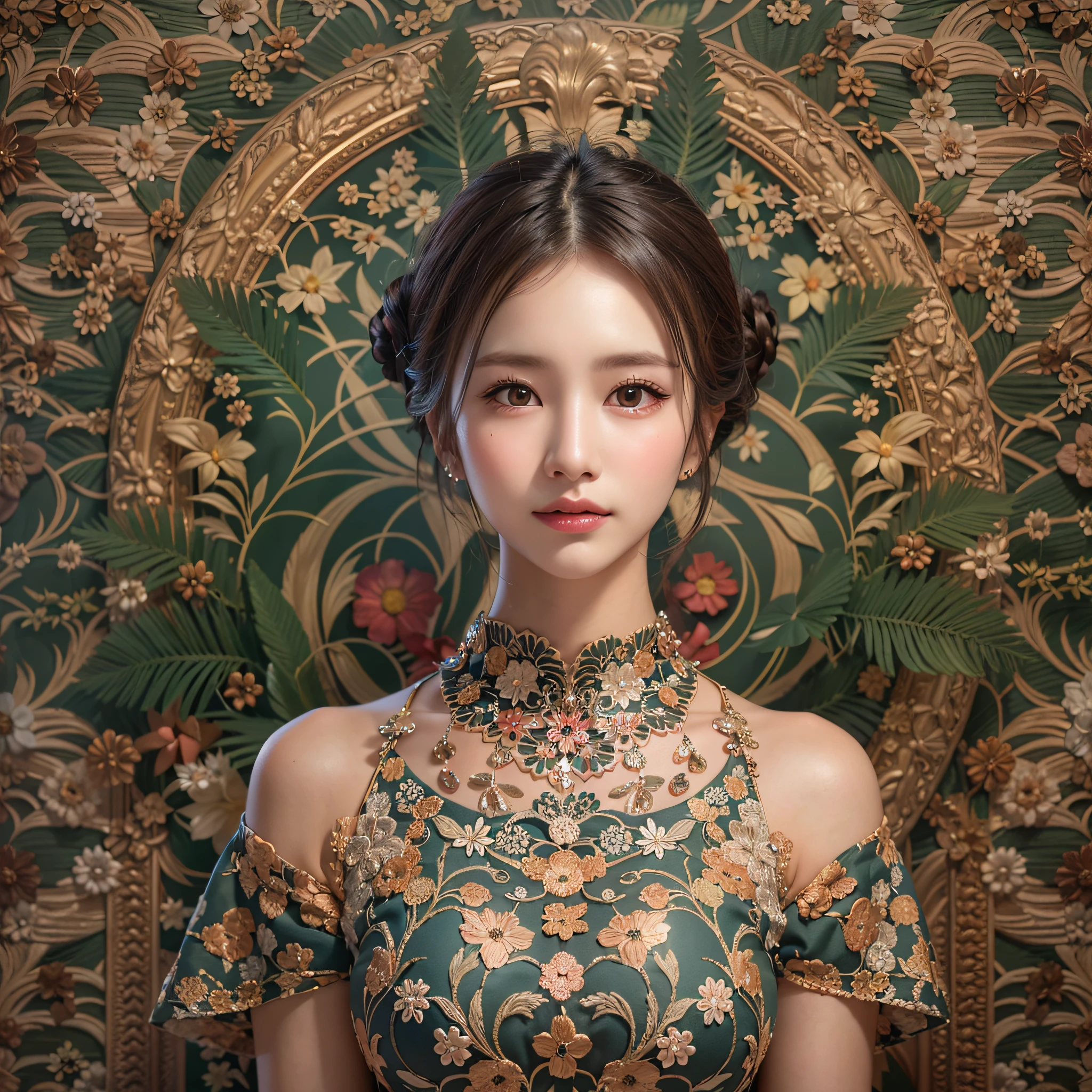 (Background, symmetrical, Compositions with coloful geometric arabesque patterns):1.3, (Bun hair, dark brown hair), (top-quality, Photorealsitic:1.4, masterpiece:1.3, cinematric light, very detailed illustration), (1woman:1.3, solo), (asian girl, ultra delicate face, ultra Beautiful fece, ultra delicate eyes, ultra detailed nose, ultra detailed mouth, ultra detailed facial features), (dress, off-shoulders), (medium breast:1.3), from the front side, slender body, lipgloss