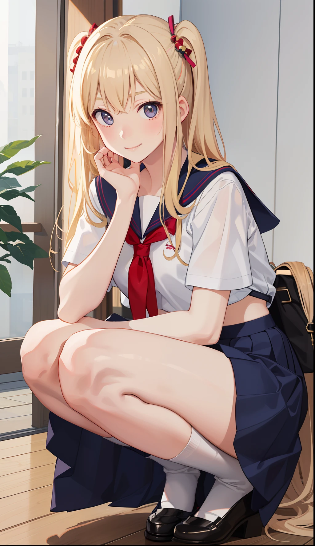 1girl in、A smile、The shirt、skirt by the、(small tits)Chilarism、Japan High School Student Uniform、serafuku、summer clothing、Run briskly、(Sheer Bra)、Upper body portrait、blonde hair、Squatting panchira、