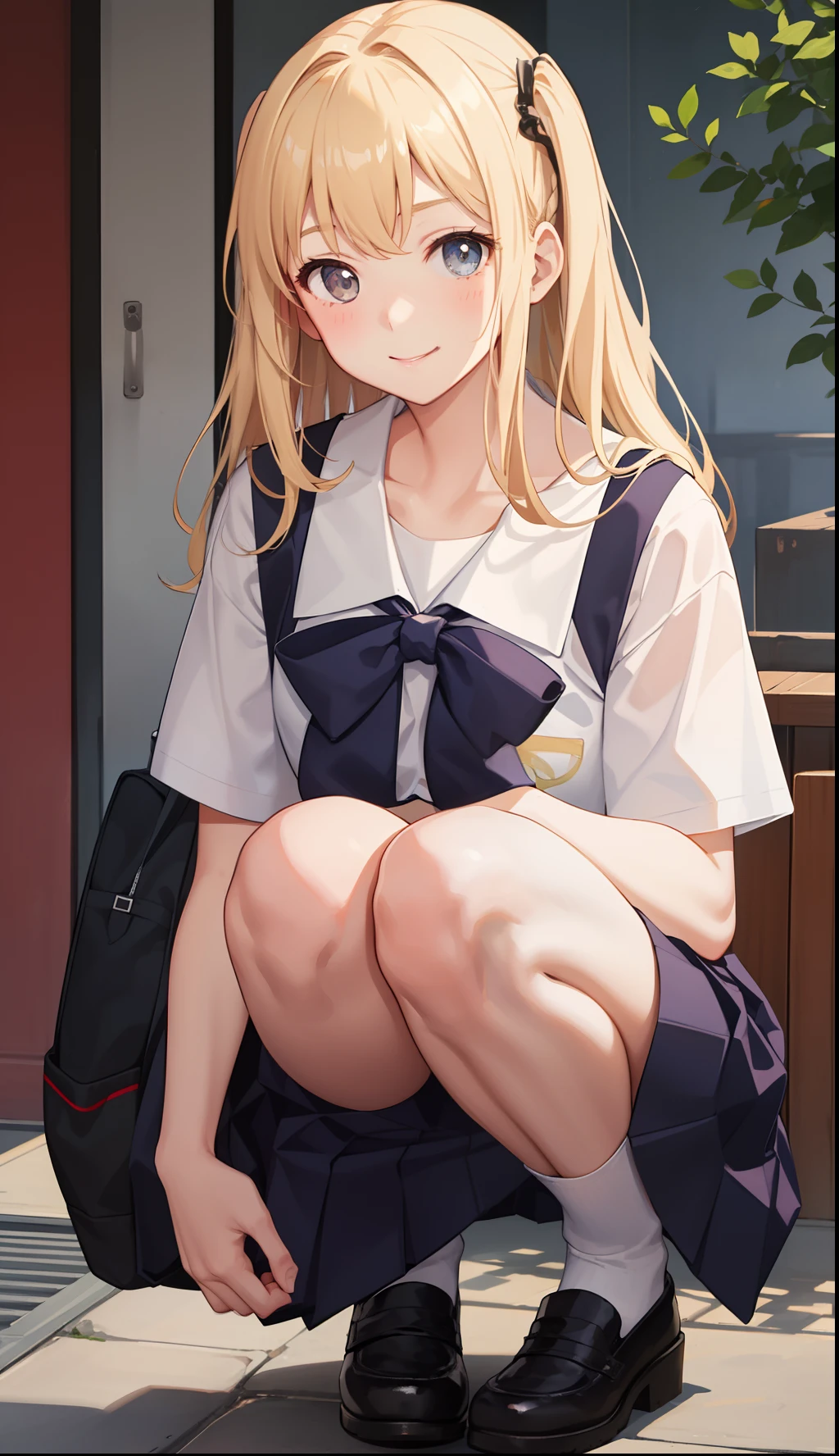 1girl in、A smile、The shirt、skirt by the、（small tits）Chilarism、Japan High School Student Uniform、serafuku、summer clothing、Run briskly、（Sheer Bra）、Upper body portrait、blonde  hair、Squatting panchira、