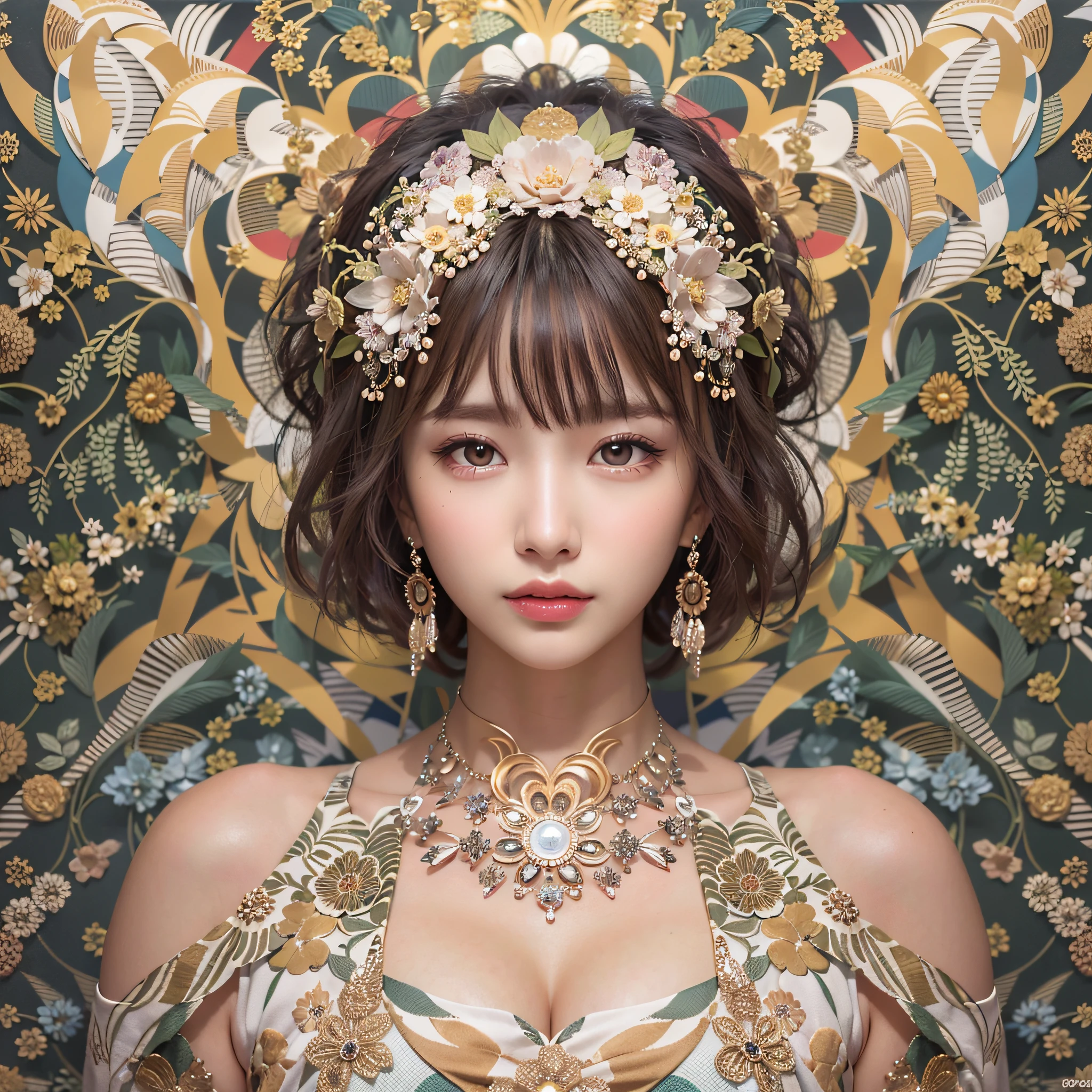 (Background, symmetrical, Compositions with coloful geometric arabesque patterns):1.3, (Bun hair, dark brown hair), (top-quality, Photorealsitic:1.4, masterpiece:1.3, cinematric light, very detailed illustration), (1woman:1.3, solo), (asian girl, ultra delicate face, ultra Beautiful fece, ultra delicate eyes, ultra detailed nose, ultra detailed mouth, ultra detailed facial features), (dress, off-shoulders), (medium breast:1.3), from the front side, slender body, lipgloss
