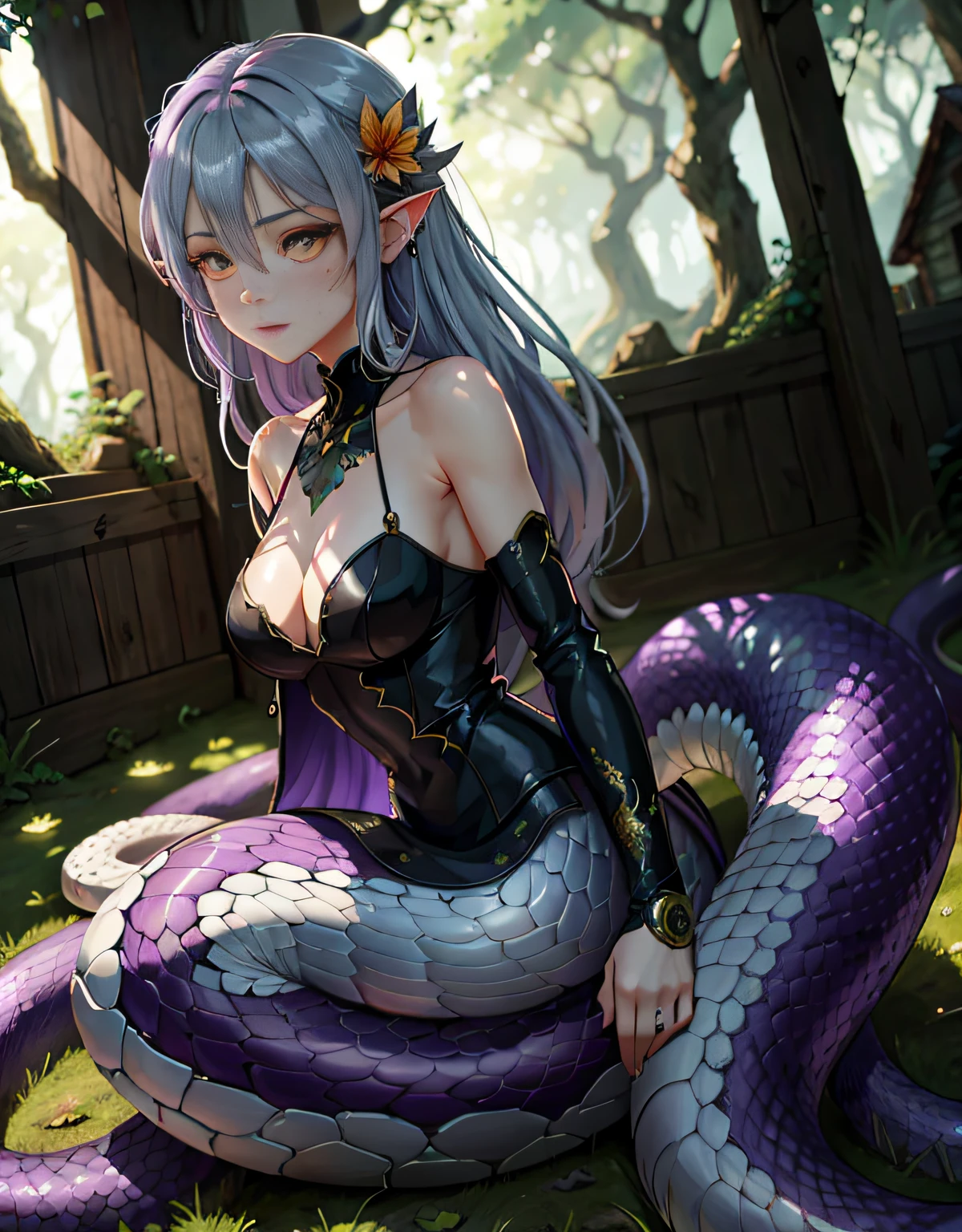 Detailed snakeskin, (AS-Adult), Individual focus, (Lamia), stoic, monstergirl, , beautidful eyes, beatiful background, abandoned cottage, ln the forest, light particules, suns rays, dramatic lighting, do lado de fora, grassy, leafs, Shiny (amarelo, Red Jewel, purple colour gradient:1.5), Realistis, tmasterpiece, best qualtiy, ultra - detailed, A detailed, scenecy, 美丽细致的眼睛, Detailed gray hair