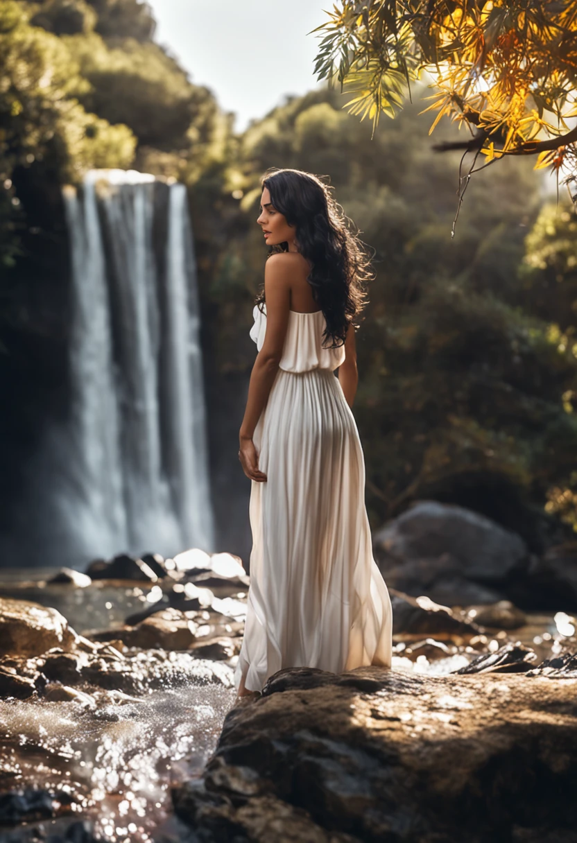 Realistic girl with black hair in a waterfall in is with white long dress. Ela tem um par de asas brancas nas costas que se refletem a luz do sol, com um sorriso timidamente como se fosse um segredo.