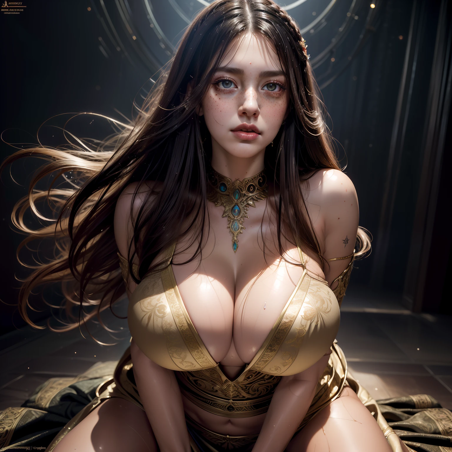 full body portrait of a beautiful woman, squatting spread legs, ((perfect feminine face)), (+long colorful wavy hair), (glitter freckles), glitter, wearing a dress, intricate, 8k, highly detailed, volumetric lighting, digital painting, intense, sharp, focus,character design concept art, (dark skinned:1.3), evil, (regal), monarch,athletic body, ((tattooed)), (((big breasts))), (cleavage overflow:1.3), (((big ass))),strong legs, ((soaking wet)), magnificent, posh, (dreds:0.9), high fantasy, portrait, perfect rendered face, perfect face details, grim, medium shot,realistic face, photo realistic, analog style, bf, masterpiece, best quality, ((intricate detail)), highres, ((drawn)), cinematic lighting, (((realism))) by Richard Corben, by Miles Aldridge, by John Atkinson Grimshaw, art by artgerm and rutkowski and alphonse mucha, cgsociety