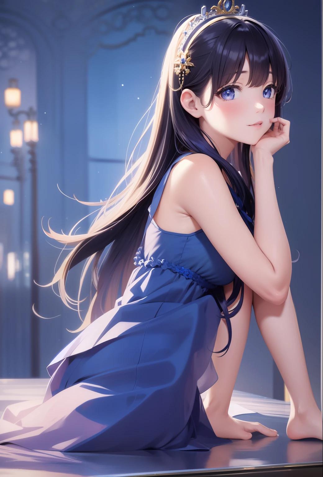 Anime girl sitting on table in blue dress,hand on chin, wearing beautiful clothes, Smooth anime CG art, Beautiful anime girl, attractive anime girls, in dress, Extremely detailed Artgerm, pretty anime girl, Beautiful anime woman, a beautiful anime portrait, cute elegant pose, drawn in anime painter studio, Cute anime girl,Pony shaped headdress