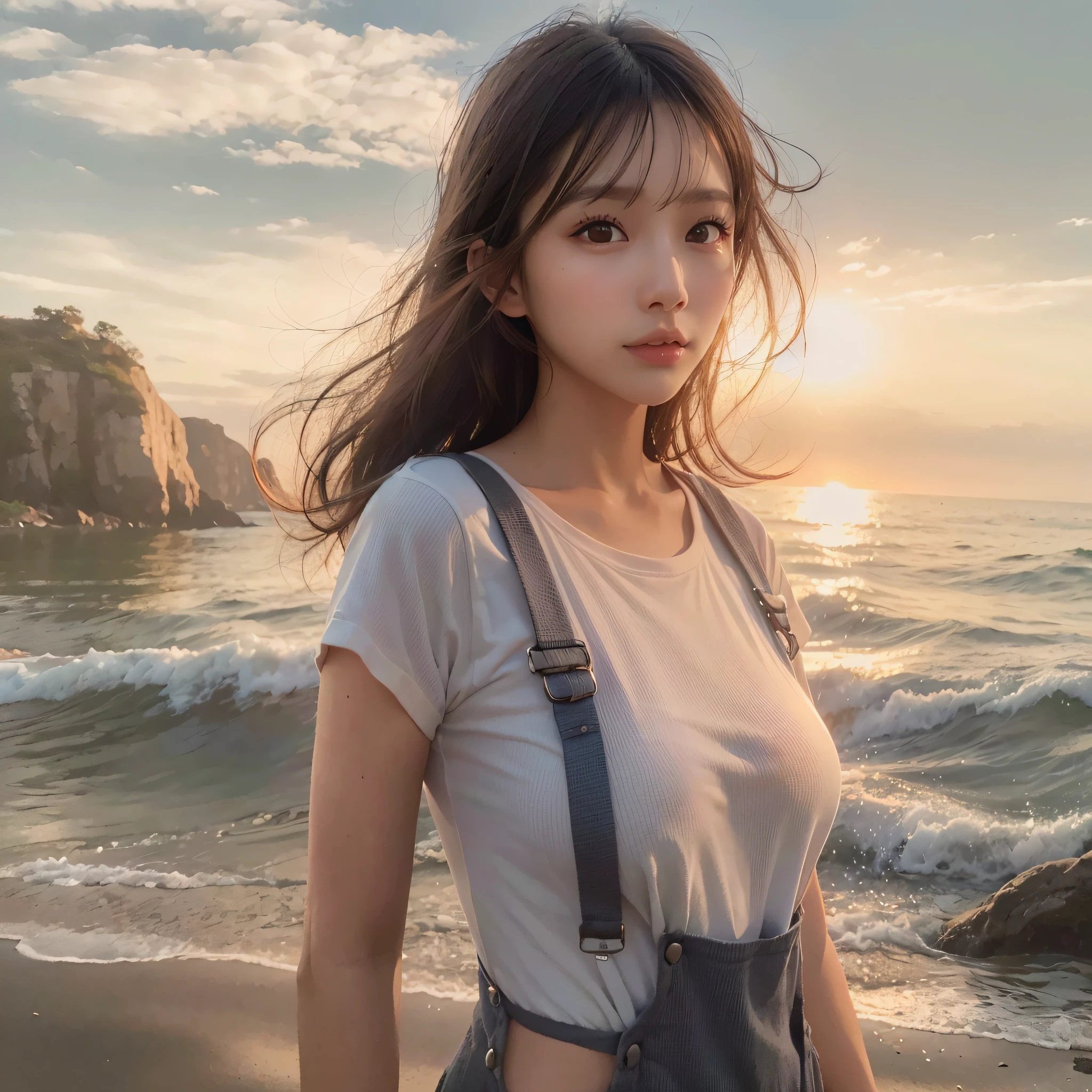 (Background, Coast with beautiful morning sun):1.3,  (Bun hair, dark brown hair), (Photorealsitic:1.1), (1woman:1.3, solo), (asian girl, ultra delicate face, ultra Beautiful fece, ultra delicate eyes, ultra detailed nose, ultra detailed mouth, ultra detailed facial features), (camisole), (medium breast:1.3), from the front side, slender body, lipgloss, (White T-shirt, Black overalls in nylon fabric)