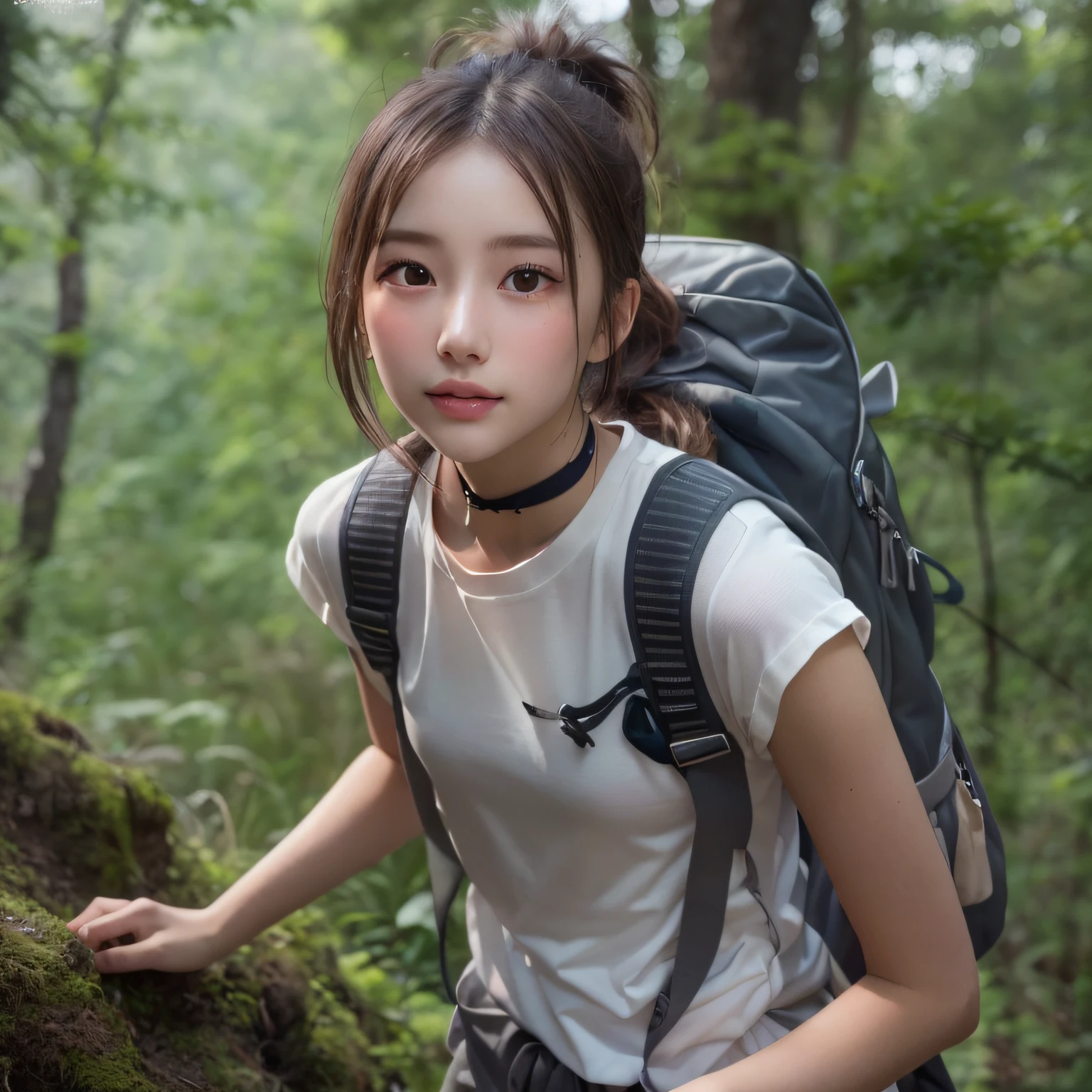 Naturescape photography; mountain climbing; (1girl:1.3), (slender body), (white t-shirts、Parachute pants), (High ponytail), (dark-brown hair), (asian girl, 18 years old, ultra delicate face, ultra Beautiful fece, ultra delicate eyes, ultra detailed nose, ultra detailed mouth, ultra detailed facial features), (face is shiny:0.8), light smile, Carrying a backpack