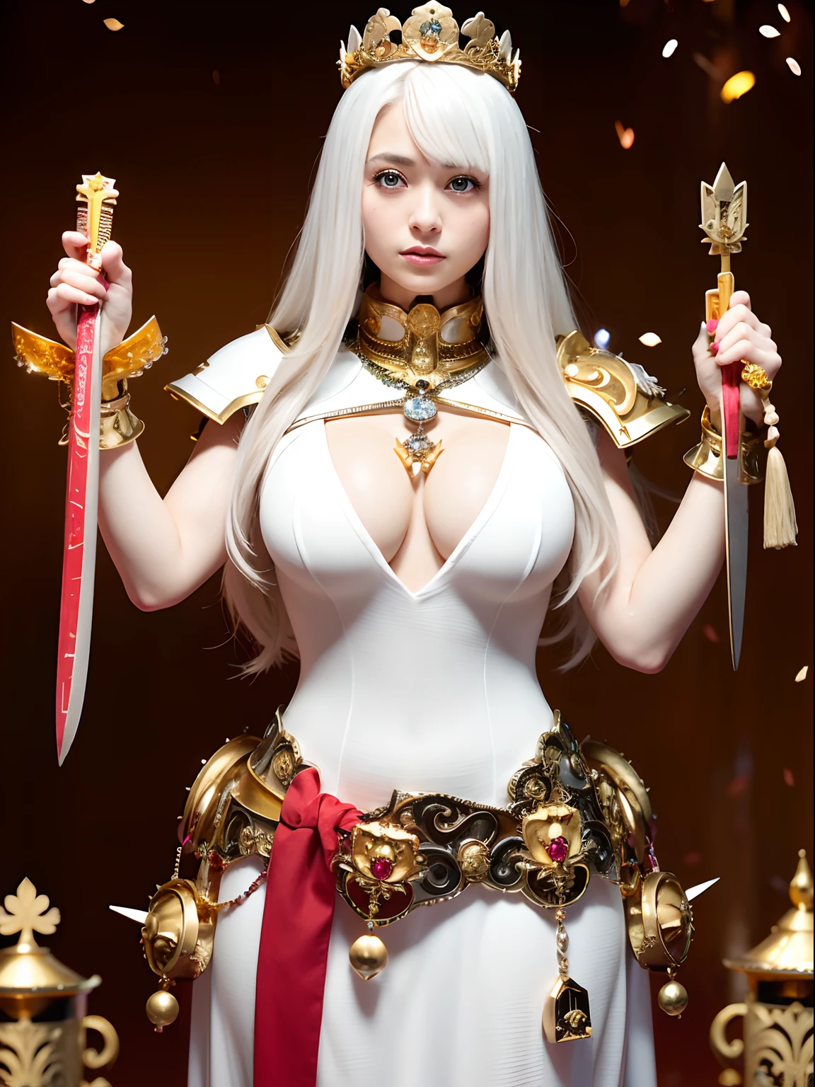 (masutepiece), Professional , masterpiece、top-quality、photos realistic , depth of fields (Gemstone Silver Metal Body:1.9),(Matte White、Jewel Gold Weapon(Jewel Metal Body:1.4),Gorgeous metal weapons , Detailed Sword of the Brave , Beautiful knife ,warhammer 40k , adepta sororitas,Detail and ornate jewel crown、Golden hair、Gangle's forest background、Beautiful Caucasian beauty、1a person、dynamic ungle,(((Detailed and ornate diamond crown)))、Smaller head、A smile、Background inside the castle、Thin and beautiful female hands、cleavage of the breast、Soldier in iron armor on background、Soldier in iron armor on background、Mystical expression、Light Effects、