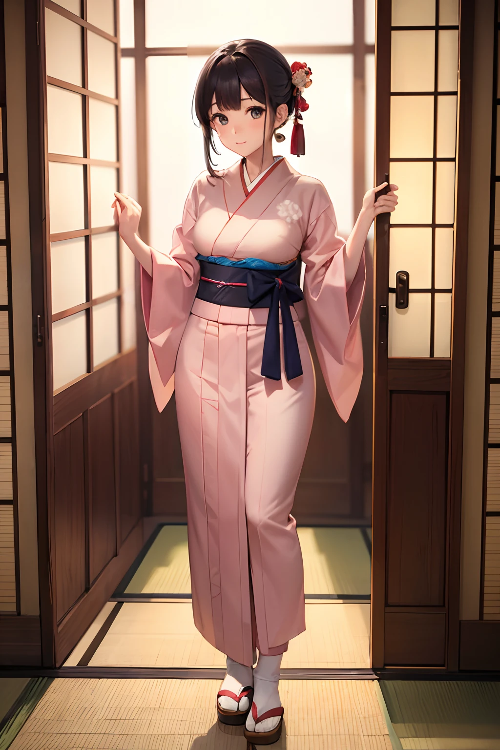 Araf in kimono standing in doorway in pink skirt, in a kimono, in a kimono, Wearing kimono, Wearing a kimono, wearing royal kimono, japanese kimono, pale and coloured kimono, traditional japanese, Kimono, goddess of Japan, Wearing Hakama, hakama kimono, zora々Shishi Japan of Girls, Wearing kimono armor, A Japanese style, intricate hakama