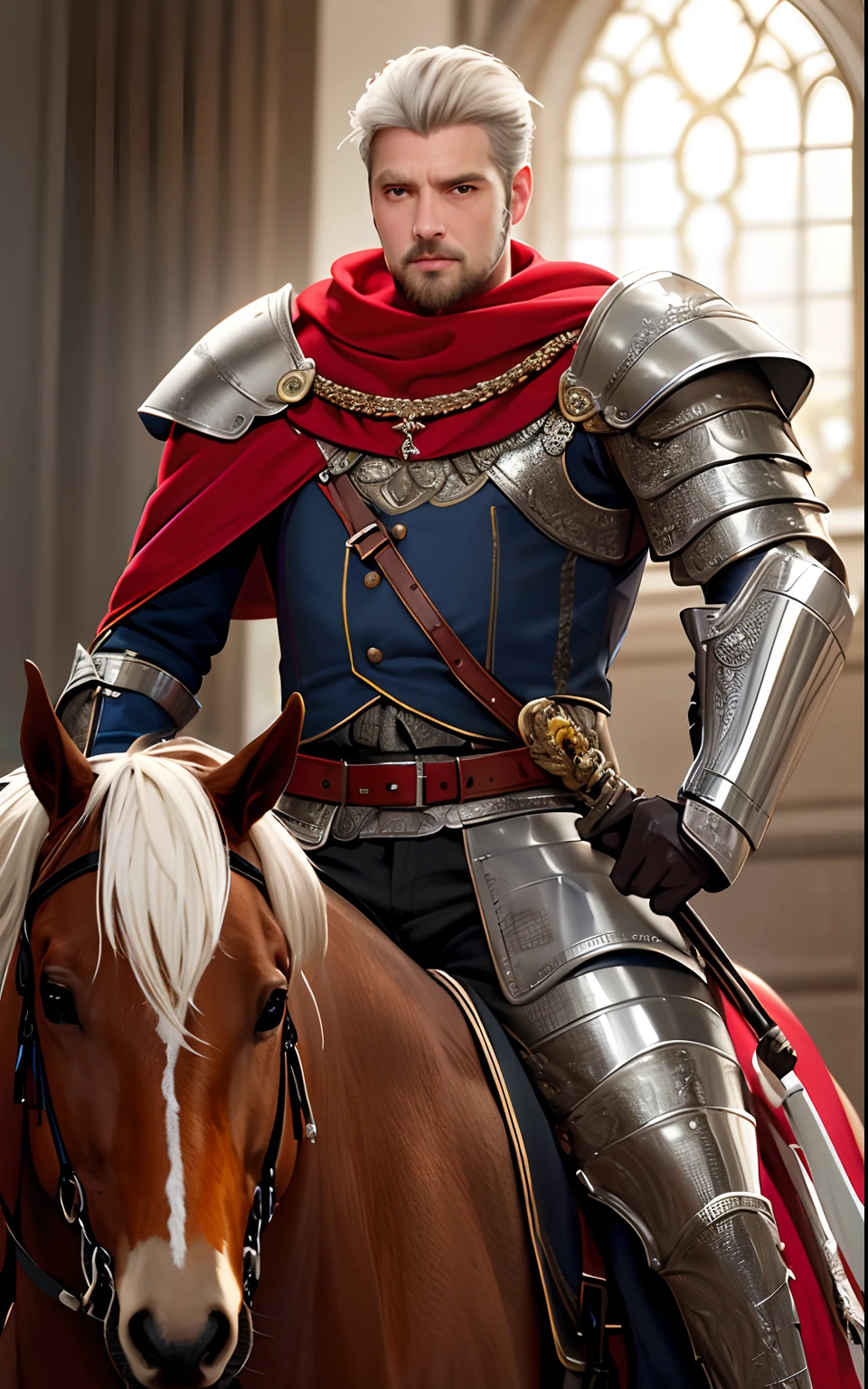 tmasterpiece,best qualtiy,The is very detailed,Original design,Unique accessories,medieval fantasy,professionally retouched,closeup cleavage,(male people:1.9),(Portrait of a noble male knight),Dignified,At noon,Sword and shield,Heavy armor,(sbeard:1.3),mounted on a horse,ssmile,red capelet,cheveux gris courts,musculous,