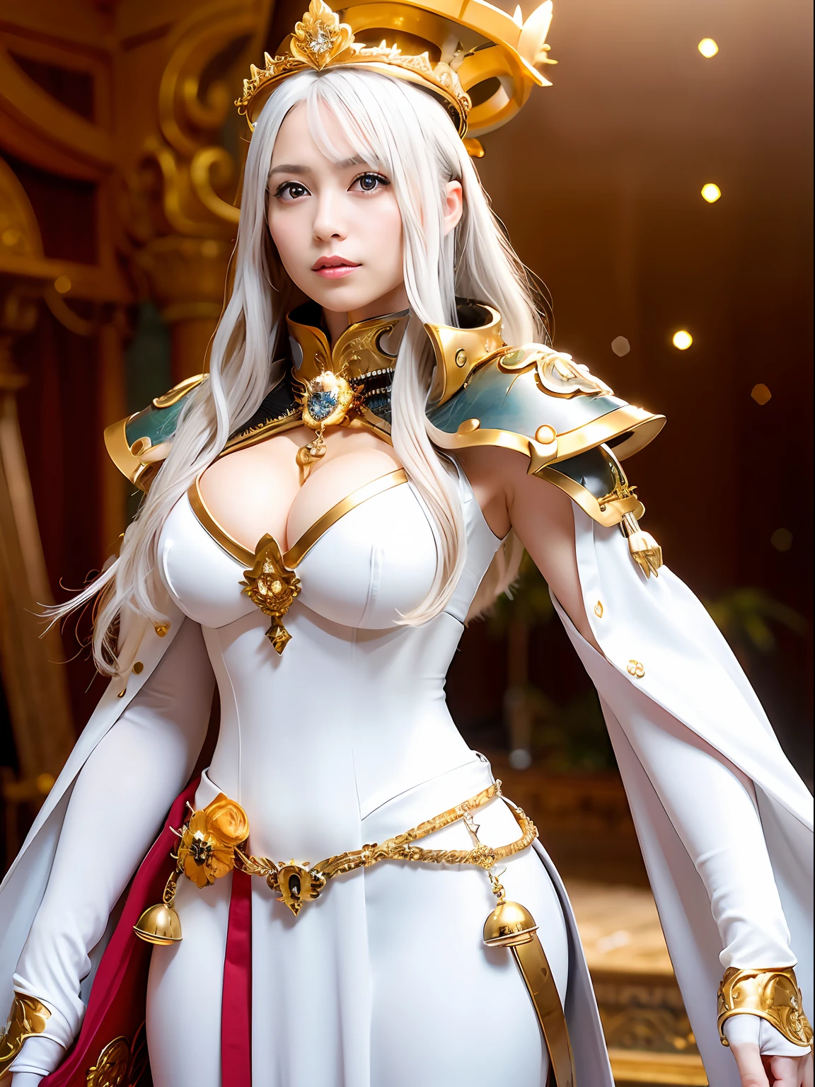 (masutepiece), Professional , masterpiece、top-quality、photos realistic , depth of fields (Gemstone Silver Metal Body:1.9),(Matte White、Jewel Gold Weapon(Jewel Metal Body:1.4),Gorgeous metal weapons , Detailed Sword of the Brave , Beautiful knife ,warhammer 40k , adepta sororitas,Detail and ornate jewel crown、Golden hair、Gangle's forest background、Beautiful Caucasian beauty、1a person、dynamic ungle,(((Detailed and ornate diamond crown)))、Smaller head、A smile、Background inside the castle、Thin and beautiful female hands、cleavage of the breast、Soldier in iron armor on background、Soldier in iron armor on background、Mystical expression、Light Effects、
