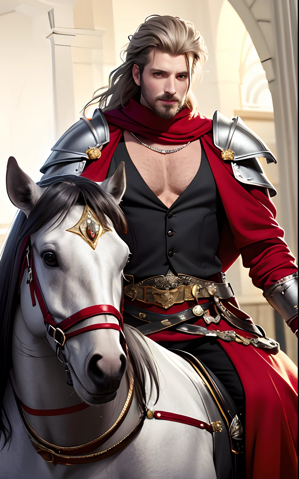 tmasterpiece,best qualtiy,The is very detailed,Original design,Unique accessories,medieval fantasy,professionally retouched,closeup cleavage,(male people:1.9),(Portrait of a noble male knight),Dignified,At noon,Sword and shield,Heavy armor,(sbeard:1.3),mounted on a horse,ssmile,red capelet,cheveux gris courts,musculous,