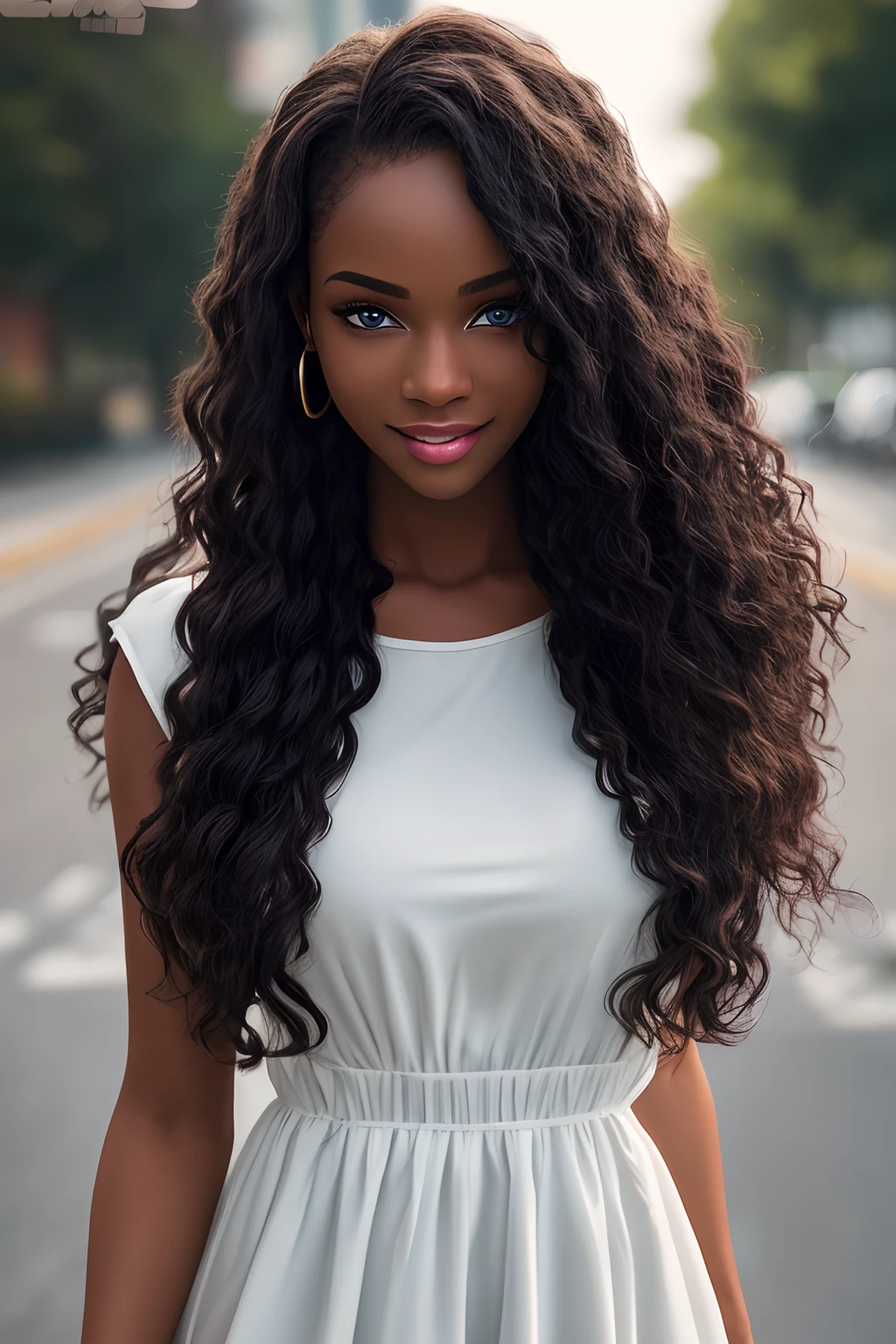 fully body photo、Detailed and realistic 20 year old attractive and stunning black girl、American African Elegant、Standing on a street corner、Wearing an elegant white dress、beautiful wavy long hair、Swaying in the wind、Detailed spots:0.8)、black-brown skin、beautiful countenance、A smile(Tube Top:0.5、hotpants:0.5)、Black Playboy magazine models、Very detailed bright dark blue eyes(looking in camera)、epic lighting、Digital SLR、ultra-quality、foco nítido、degrees of freedom、film grains、central、FujifilmXT3 、Frolic on a date