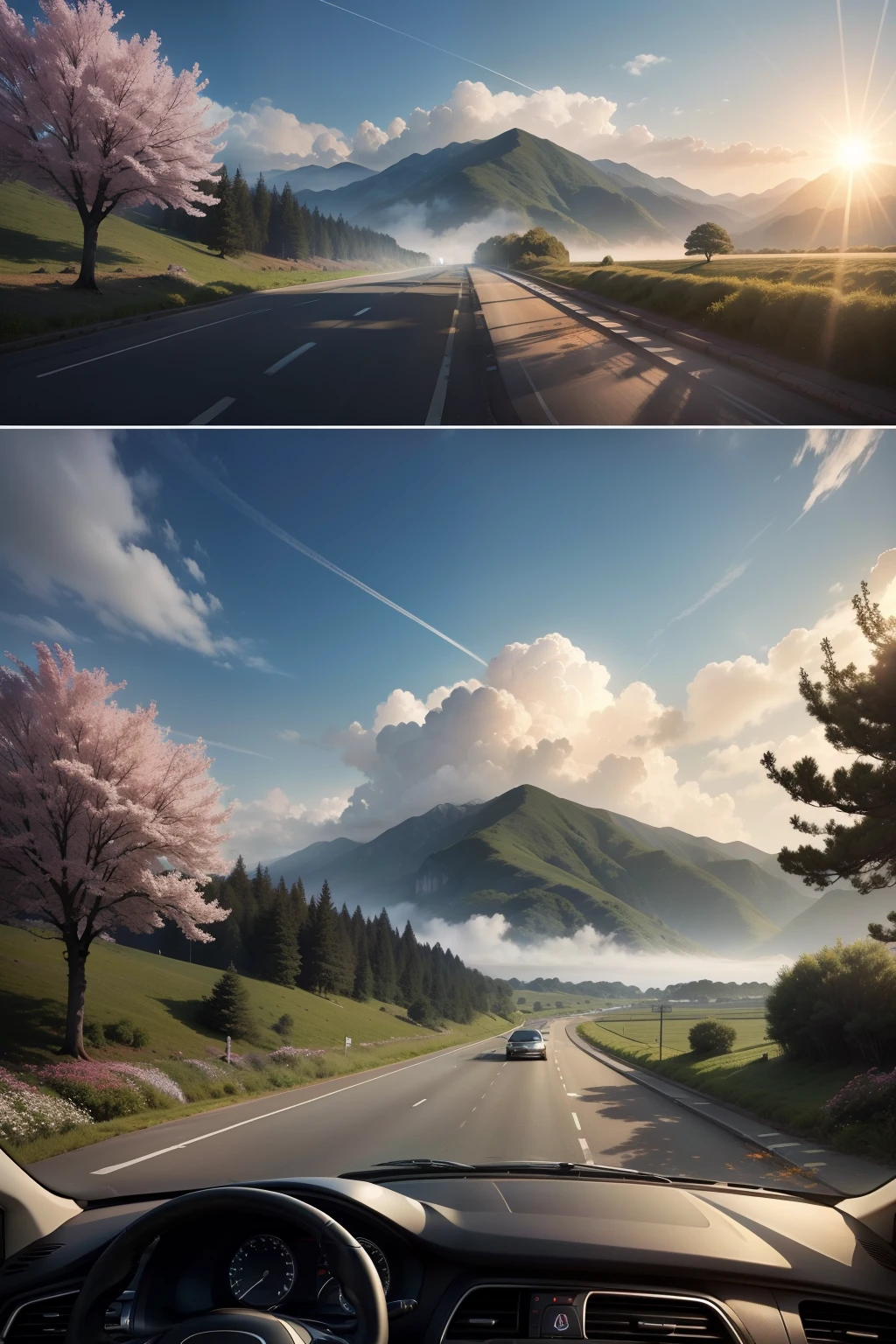 The car is driving on the highway，The road ahead is full of ups and downs，The viewing angle is directly above the back of the car，The car goes ahead，You can see that the road is getting blurred，The road is lined with peach blossom trees，There are flowers，The flowers are pink，Flowers，clean and uncluttered，The tree is taller than a car，The sun shines through the upper right corner，The Tyndall effect is produced，and the sun was shining brightly，with blue sky and white clouds，Fresh air，hyper-detailing，ultra-realistic realism，Realiy，The main highlight is the scenery，Filmed in China