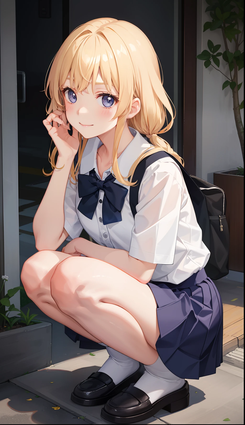 1girl in、A smile、The shirt、skirt by the、(small tits)Chilarism、Japan High School Student Uniform、serafuku、summer clothing、Run briskly、(Sheer Bra)、Upper body portrait、blonde hair、Squatting panchira、