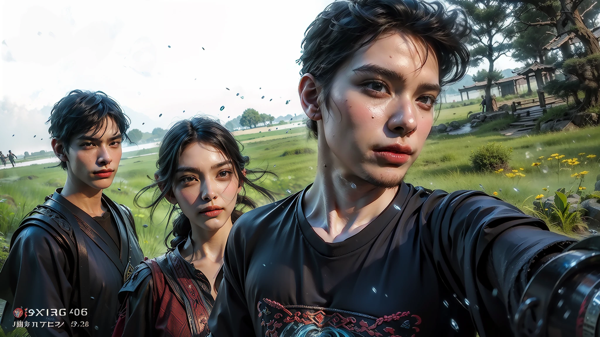 Imperial water，Surrounded by water jets，Splashes in the air，1boys，8K，Realiy，Man standing，Surrounded by water jets，The legend of Xianxia，Fantasy world，Xia customer service appeared，Handsome face，Look straight ahead，intricately details，tmasterpiece：1.2，best qualtiy