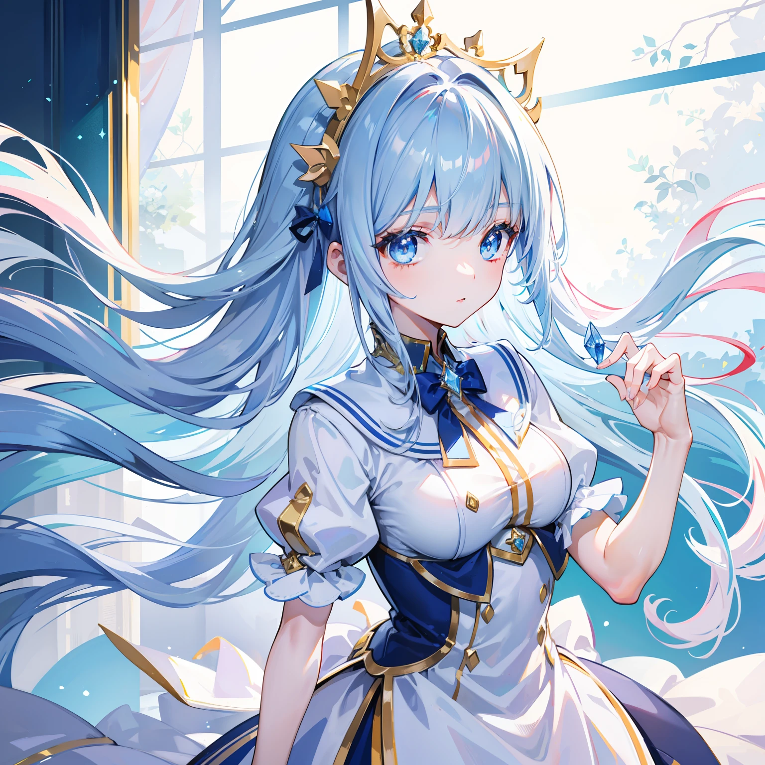 porate、School uniforms、bright expression、Bright apricot hair、Super long silky straight hair、Beautiful bangs that shine、Sparkling crystal clear and charming light blue eyes、Very nice and lovely 16 year old girl、Lush bust