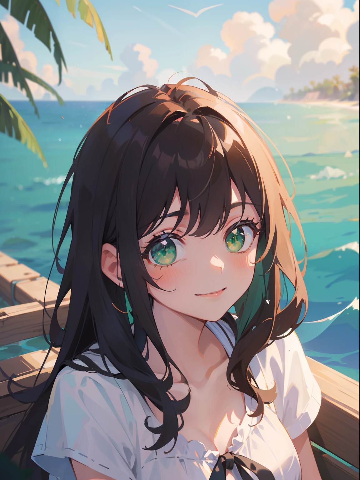 (masterpiece), (best quality), ultra high res, sharp focus, ((1 woman, solo)), upper body, dutch shot, beautiful detailed hair, chestnut brown hair, long hair tumbles down, beautiful detailed face, ((beautiful shape eyes, green eyes)), perfect feminine face, in the ocean theme park, smiles at the viewer, facing to the viewer, feminine casual outfit