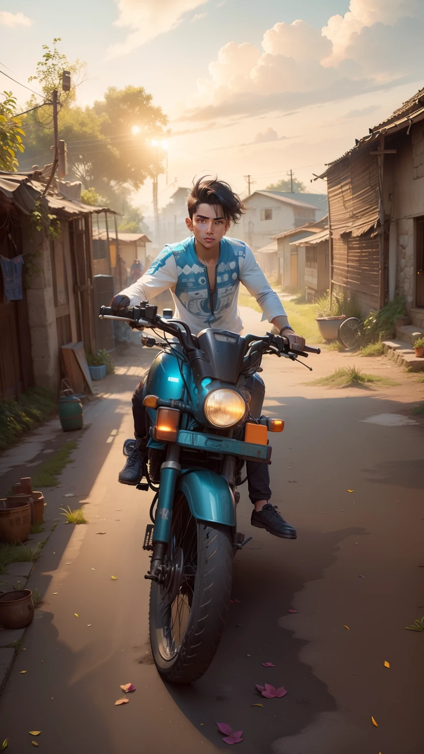 Change background in village type, best village type background, change bike to cyberpunk bike realistic, change boy face to handsome boy realistic, not change hairs, change boy shirt to indian tpye, 8k, ultra realistic