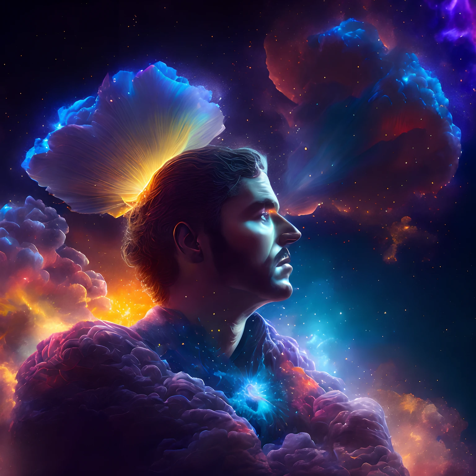 Inconcebible y espectacular escena de emergencia de un hombre transparente cara de la nube brillante, Hilos de nebulosa fractal, cosmic entities, celestial, cosmico, vibrant and vivid, Remolinos, Girando, Poco realista, alto contraste, simbolismo, magica, mistic, desconcertante, Hiperrealista, sobresaturado, Colorido