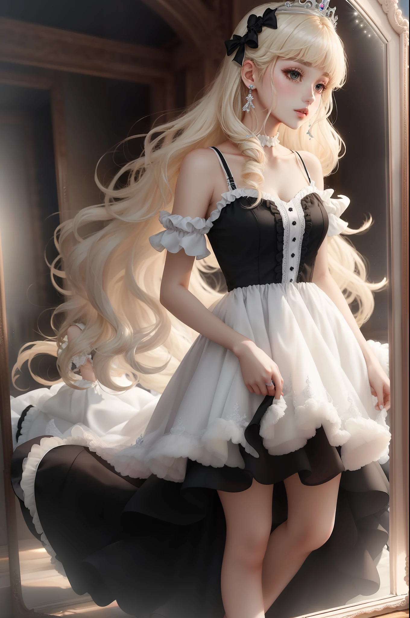 Princess　A Princess　Soft　Good style best quality(Highest Quality) , High quality(hiquality)　Soft hair　A black　Fluffy dress blonde　Hair tied in two, The whole body is reflected, Very delicate tone and good atmosphere