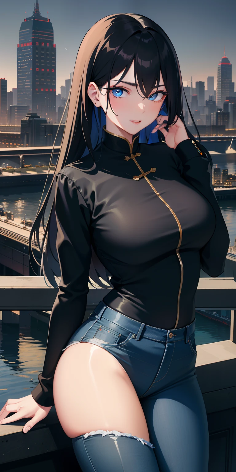 Black-haired, blue-eyed, large-breasted woman