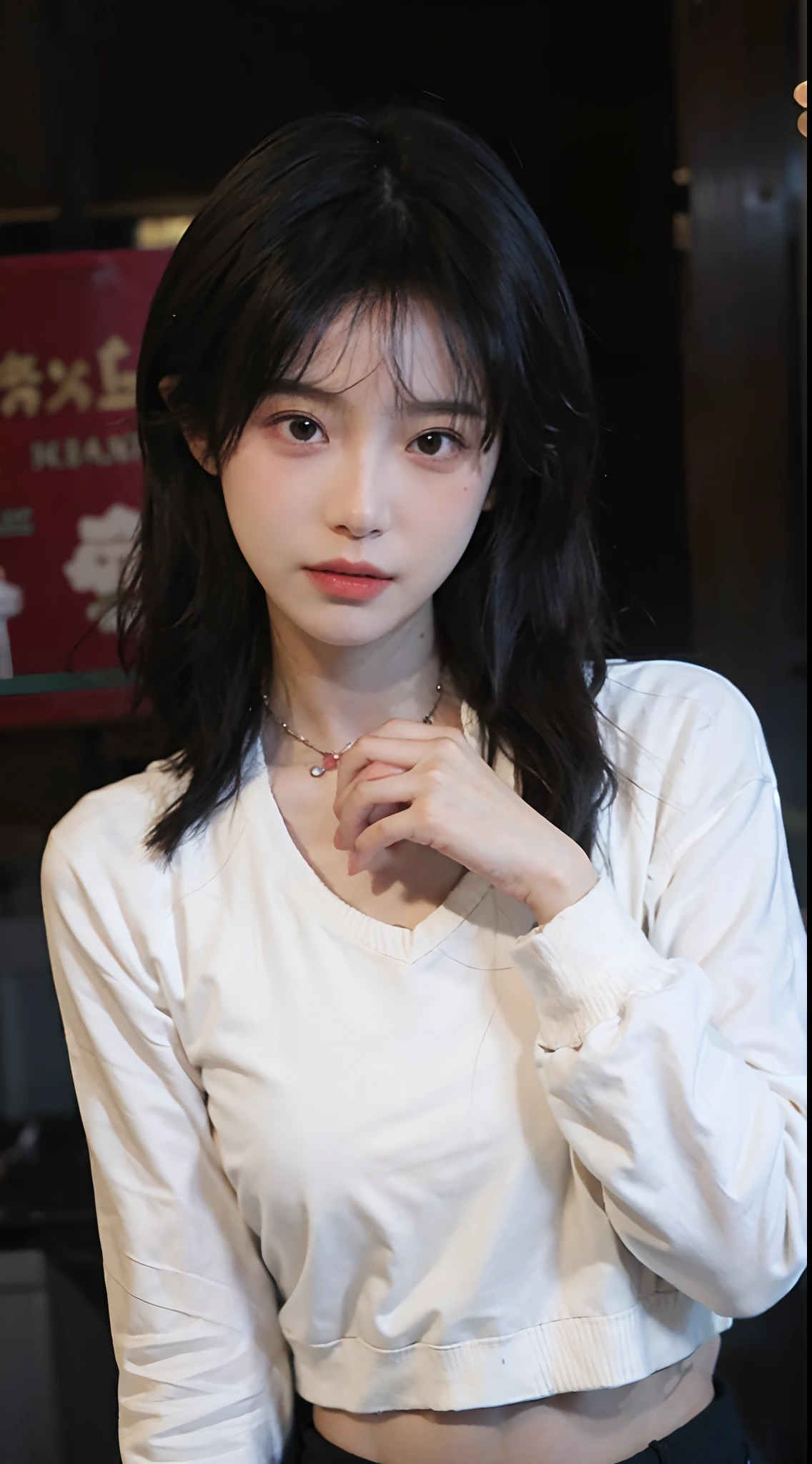 best qualtiy, 超高分辨率, (realisticlying:1.4),cute hairpin,1girll,,Cropped black sweater ,Full of atmosphere,Beautiful woman with a slim figure:1.4, Abs:1.1, 浴室,Ultra-fine face,Elaborate Eyes,二重まぶた,choker necklace