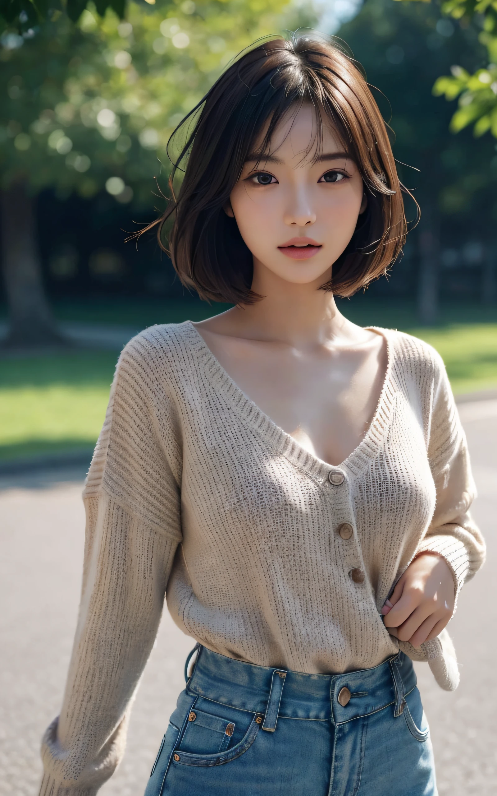 masutepiece, The highest image quality, High quality, Beautiful japanese girl, Cute, Gravure Idol Figure, Detailed, Detailed eyes, Detailed skin, Beautiful skin, Ultra High Resolution, (reality: 1.4),Very beautiful, Slightly younger face, Beautiful skin, slender, (A hyper-realistic), (hight resolution), (8K), (Very detailed) (beautifully detailed eyes), (super detailed), (Wallpaper), (Detailed face), Looking at Viewer, Fine details, Detailed face, Sad, ????, Sweaters, Pants, Looking straight ahead, Looking straight ahead, angle from waist up, photos realistic, Bright lighting, Professional Lighting, Mature Woman, (Brown hair, Bob Hair, layers-Cut, Swaying in the wind, Bangs),