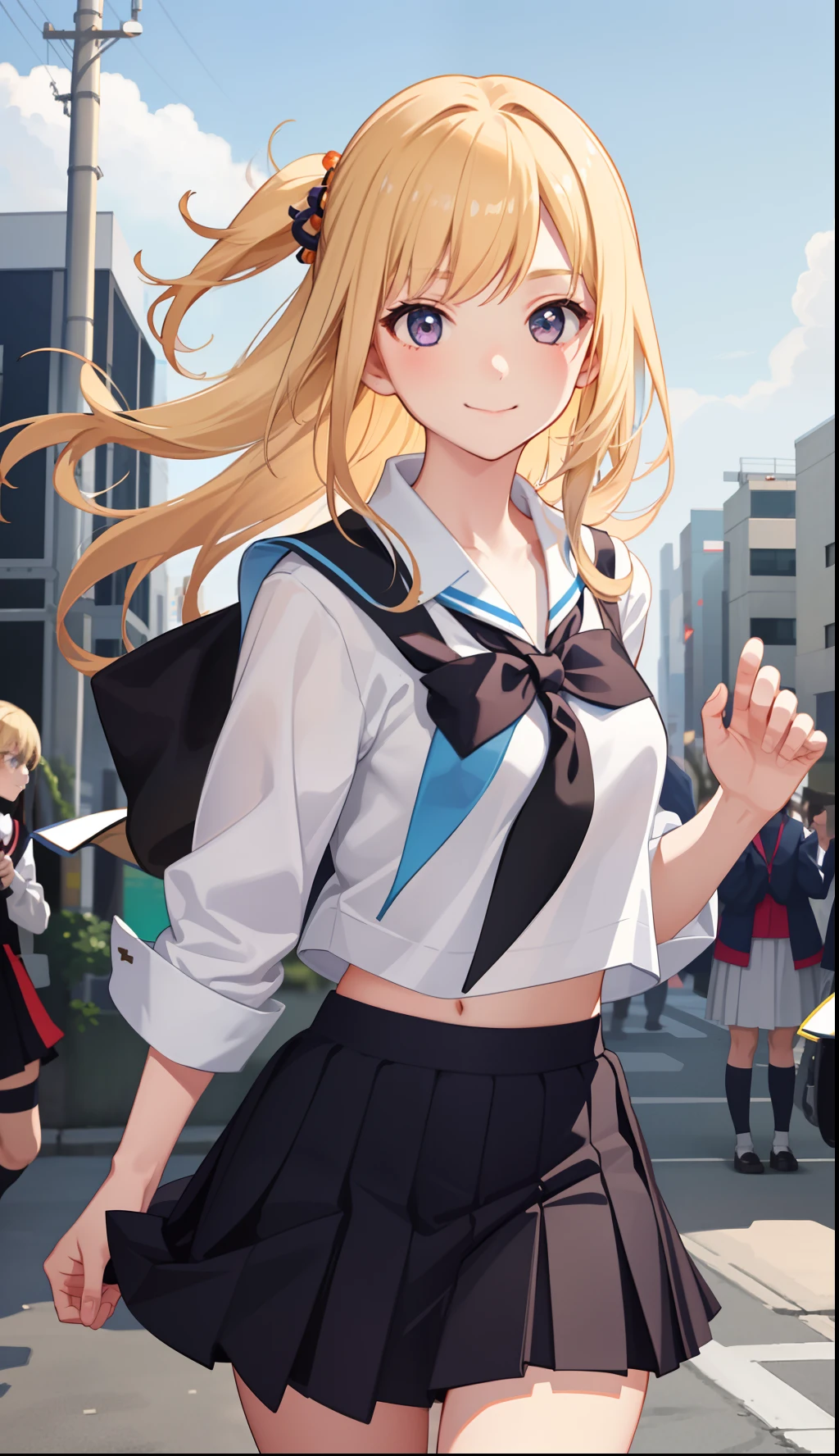 1girl in、A smile、The shirt、skirt by the、（small tits）Chilarism、Japan High School Student Uniform、serafuku、summer clothing、（Sheer Bra）、Upper body portrait、blonde  hair、Dynamism!!Running with the wind、