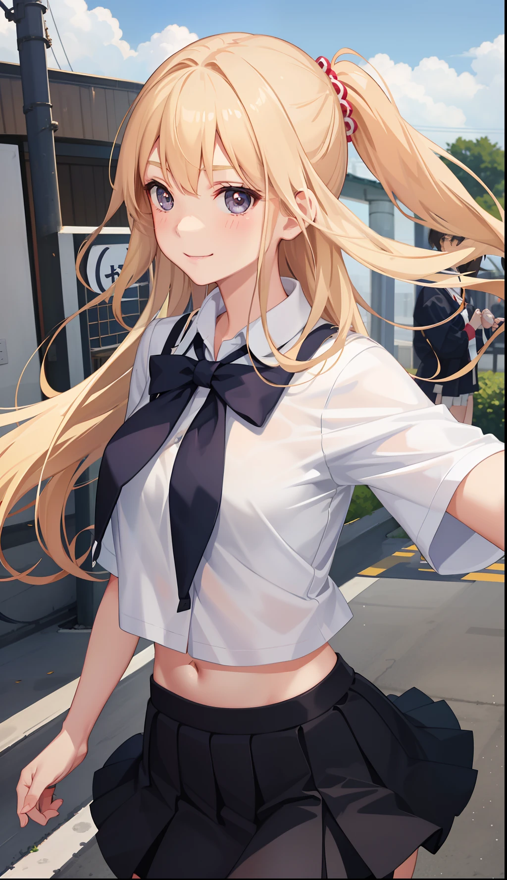 1girl in、A smile、The shirt、skirt by the、（small tits）Chilarism、Japan High School Student Uniform、serafuku、summer clothing、（Sheer Bra）、Upper body portrait、blonde  hair、Dynamism!!Running with the wind、