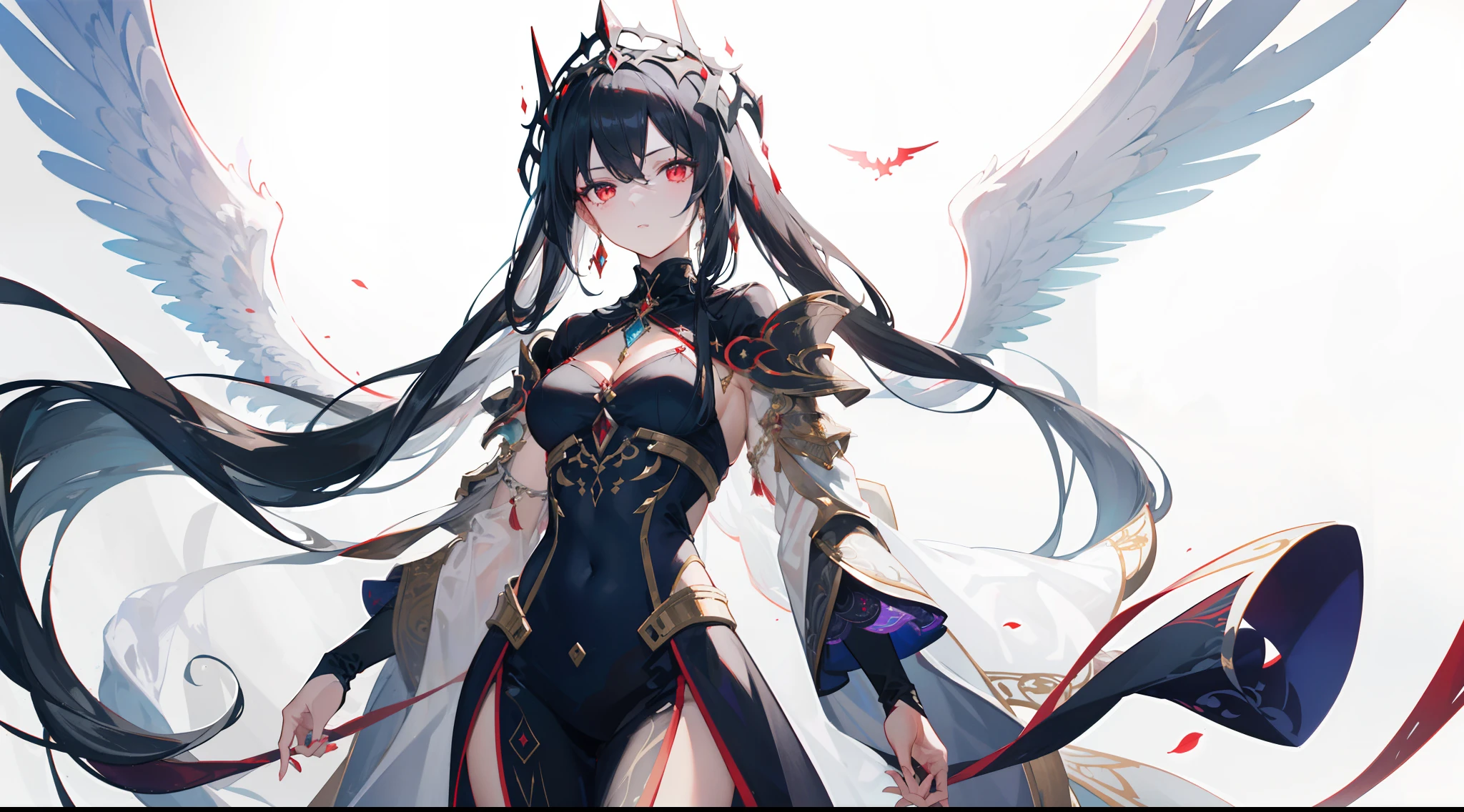 "Generate an image portraying Viona true form with black hair and sharp red eyes, concealed beneath a thick armor of radiant light, adorned with majestic wings. Depict her standing regally, her visage obscured by the brilliance of her divine attire. Convey the sense of awe and reverence that her celestial presence commands, as she stands as the epitome of otherworldly power and enigma."