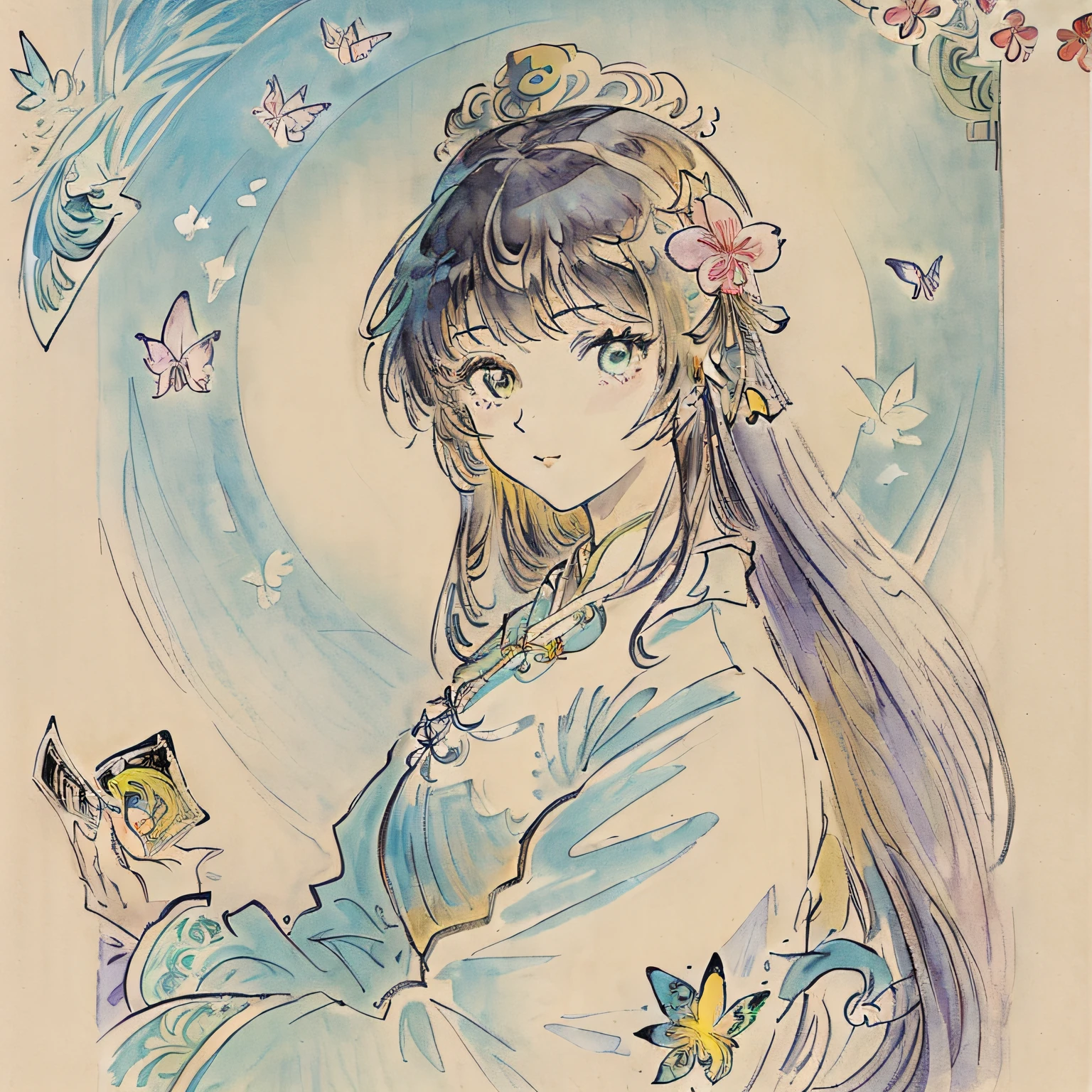 (((masterpiece))), ((the best quality, super fine illustrations, beautiful and delicate water)),Depth of field, fine 8KCG wallpapers, ( delicate light), ((cinematic lighting)),(portrait),Portrait lens,(((Alphonse Mucha))),((Fantasy style)),((shine)),(((Tarot card)))
(young girl),(((China_Cheongsam))),(delicate eyelash),((cute anime face)),(extremely delicate and beautiful),(hair_flower),(Gem),(crystal),((colored inner long hair)),(multicolored),(beautiful detailed face ),((( detailed long hair ))),floating long hair,gradient hair,(lace),(ribbon),((crown)),(detailed cloth)
((Butterfly)),(detailed Butterfly) ,(multicolored Butterfly),
(neon palette),((detailed flowers)) ,((multicolored flowers)),(flowers_Surrounded),(Butterfly_Surrounded)(((Flowers fill the screen))),((Fill the screen))