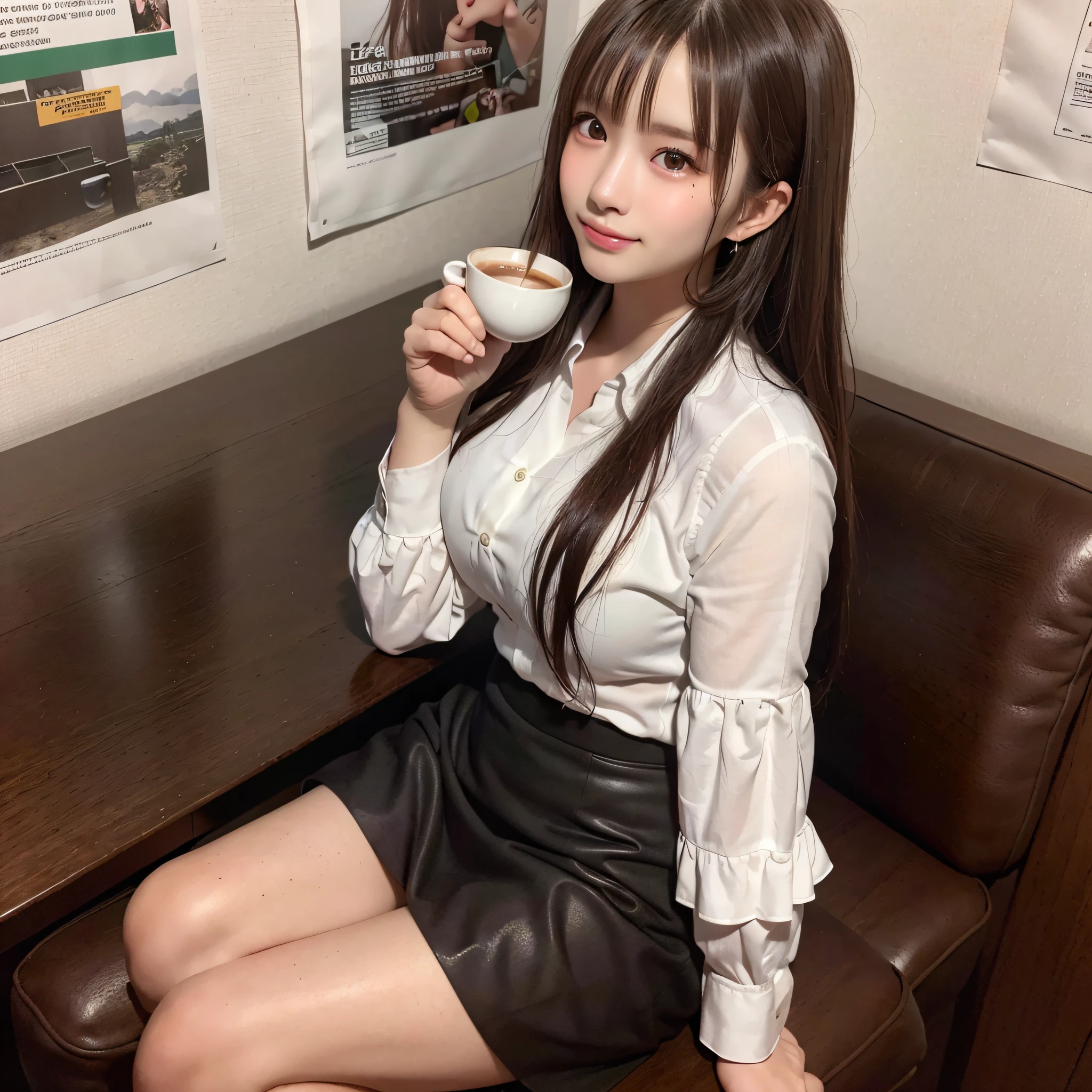 (Highest Quality, hyper-realistic, Super dense, very detailed illustration, Best image quality:1.4, very detailed illustration), (Sitting cross-legged on a black leather sofa at a coffee stand):1.3, (White ruffled shirt, black pencilSkirt), (1woman:1.3, solo), (cowboy shot:1.3), (Model-like body shape), white skin, (layered hair), (dark brown hair), (Japanese, 18-year-old woman), (smiling:0.8), There is coffee on the table.