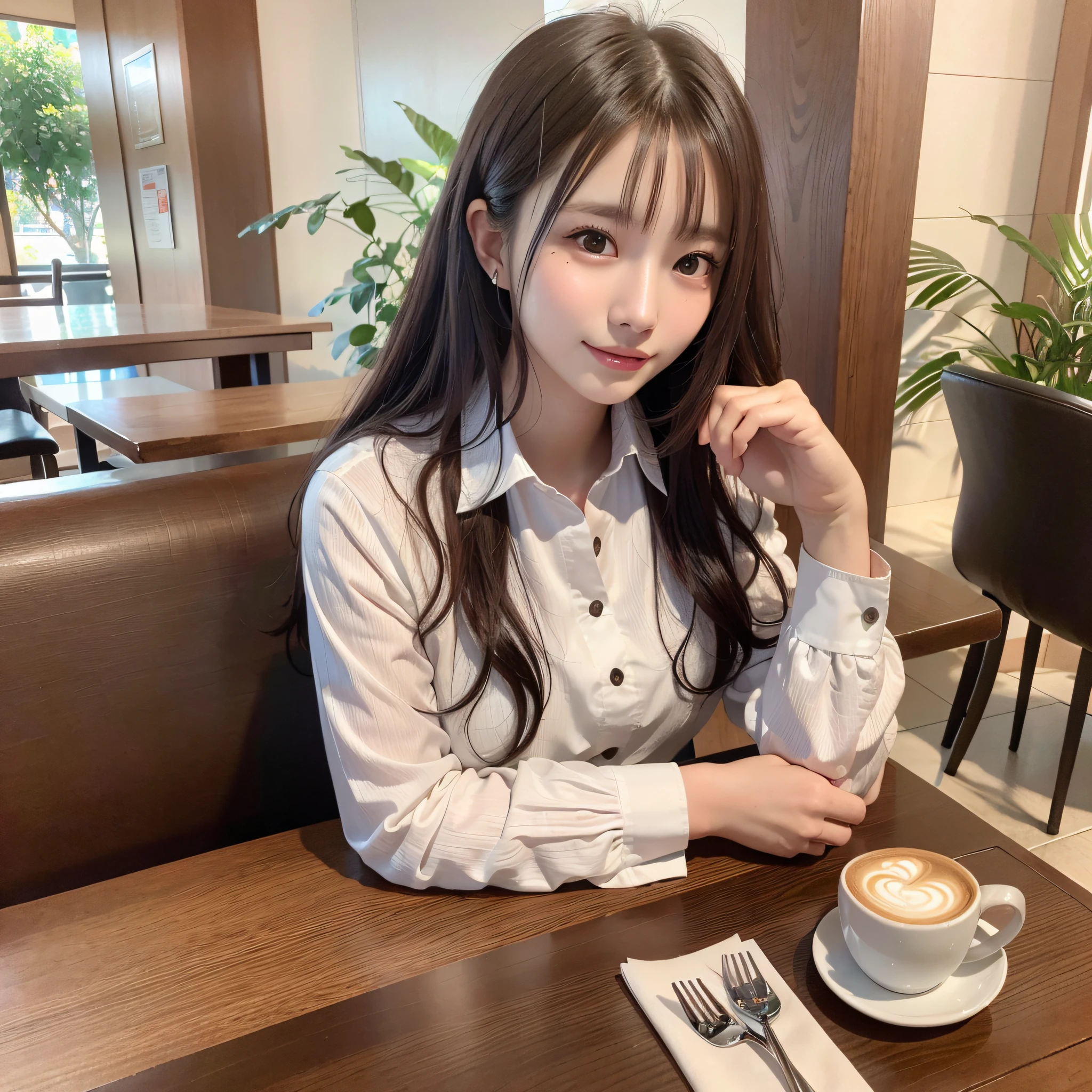 (Highest Quality, hyper-realistic, Super dense, very detailed illustration, Best image quality:1.4, very detailed illustration), (Sitting cross-legged on a black leather sofa at a coffee stand):1.3, (White ruffled shirt, black pencilSkirt), (1woman:1.3, solo), (cowboy shot:1.3), (Model-like body shape), white skin, (layered hair), (dark brown hair), (Japanese, 18-year-old woman), (smiling:0.8), There is coffee on the table.