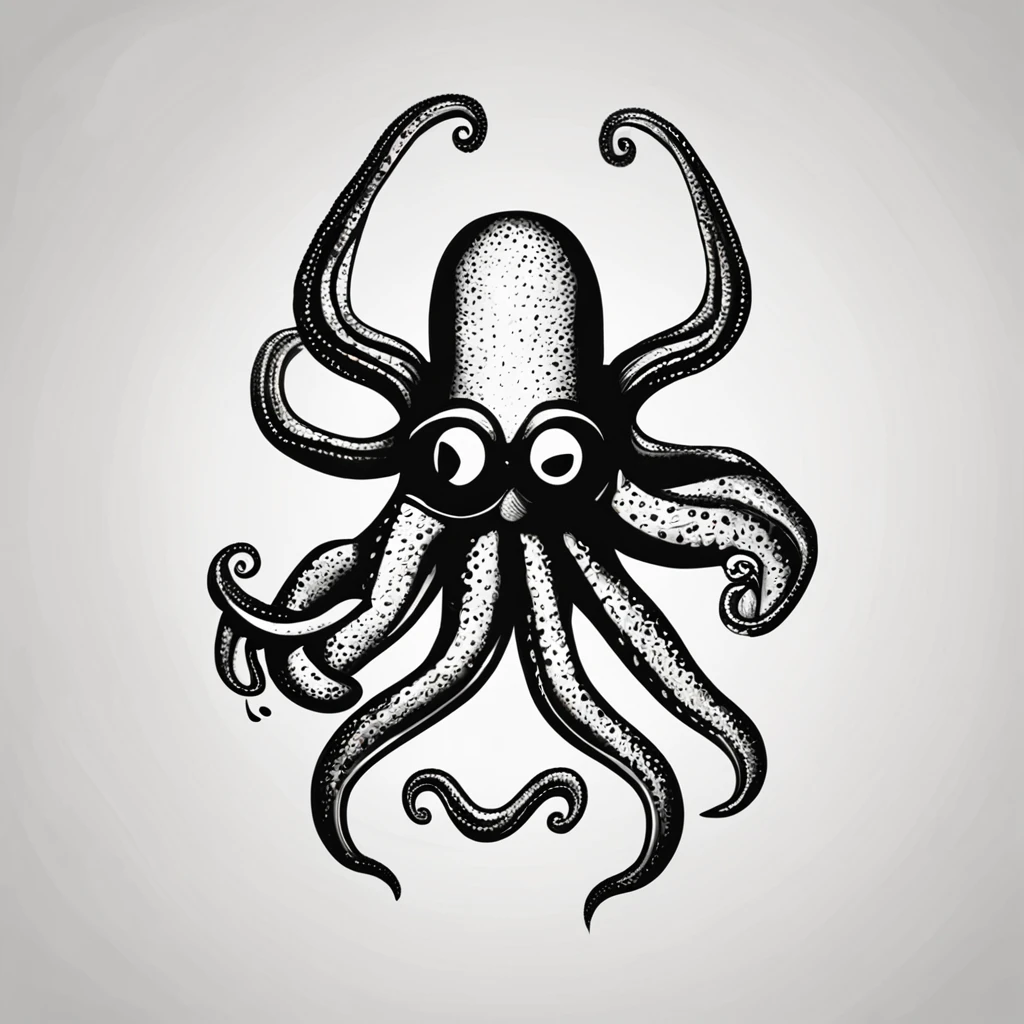 Create the design of an octopus with six tentacles using personal protective goggles, o desenho deve ser em preto e branco, o fundo do desenho em branco, desenho para logo.