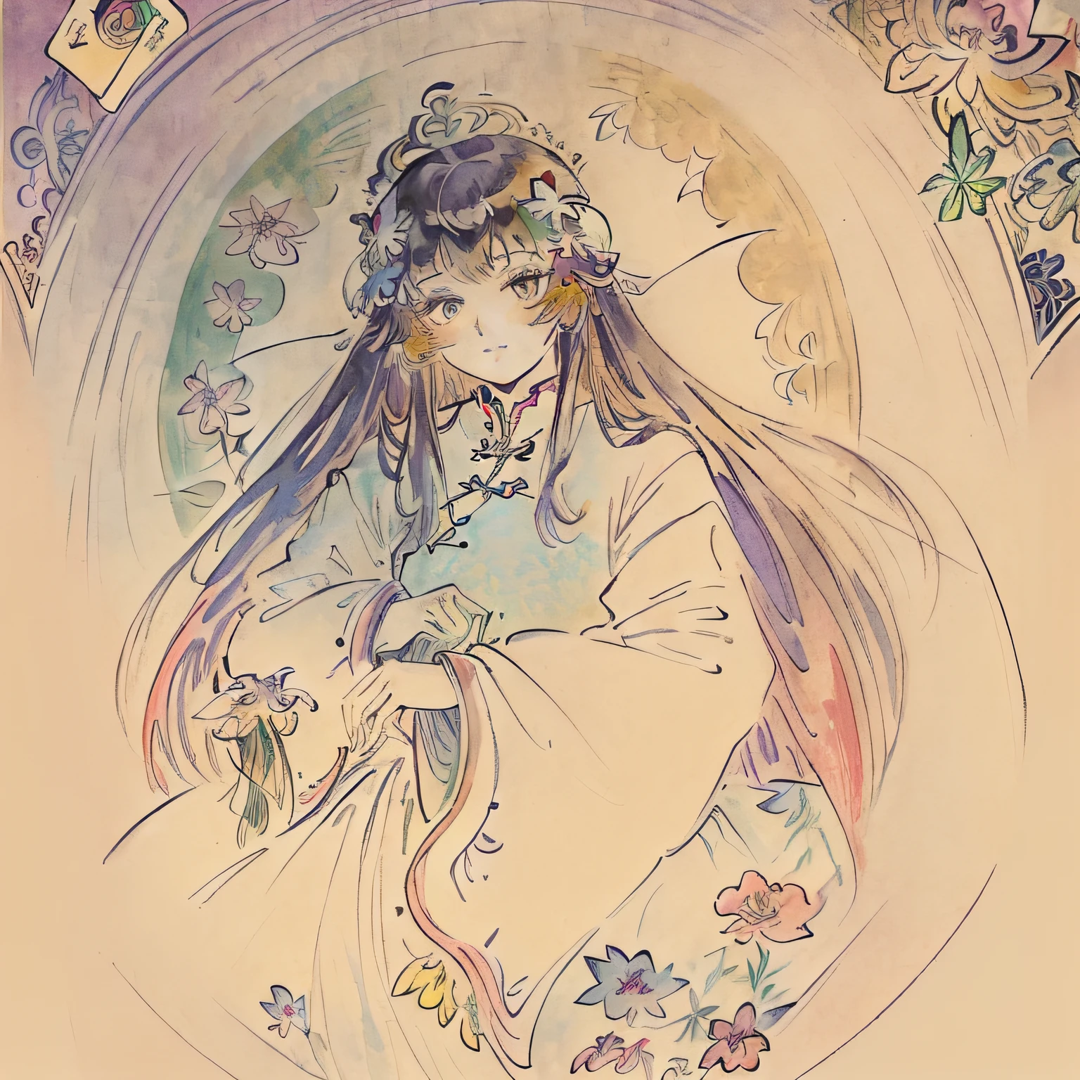 (((masterpiece))), ((the best quality, super fine illustrations, beautiful and delicate water)),Depth of field, fine 8KCG wallpapers, ( delicate light), ((cinematic lighting)),(portrait),Portrait lens,(((Alphonse Mucha))),((Fantasy style)),((shine)),(((Tarot card)))
(young girl),(((China_Cheongsam))),(delicate eyelash),((cute anime face)),(extremely delicate and beautiful),(hair_flower),(Gem),(crystal),((colored inner long hair)),(multicolored),(beautiful detailed face ),((( detailed long hair ))),floating long hair,gradient hair,(lace),(ribbon),((crown)),(detailed cloth)
((Butterfly)),(detailed Butterfly) ,(multicolored Butterfly),
(neon palette),((detailed flowers)) ,((multicolored flowers)),(flowers_Surrounded),(Butterfly_Surrounded)(((Flowers fill the screen))),((Fill the screen))