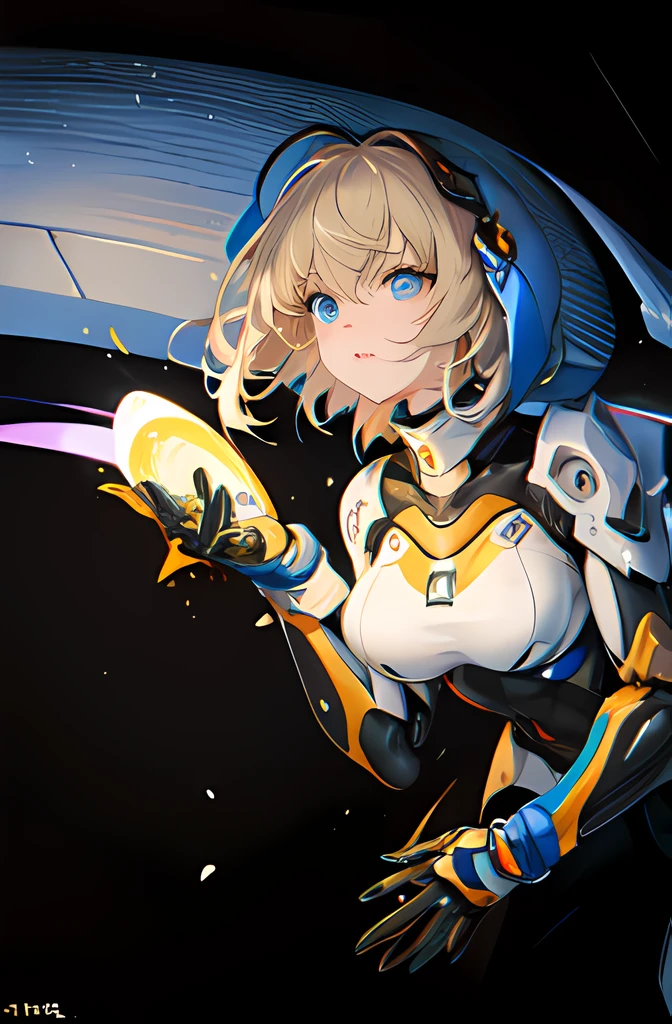 Masterpiece, solo,1girl, blue eyes, glow eyes, detailed face, mecha musume, mechanical parts, robot joints, turtleneck, detailed background, Gundam hangar, depth of field, blonde, short hair, Korean idol, aespa Winter, yellow jumpsuits, black spandex, wind blows, detailed skins, detailed clothes, detailed armor, tight suits, glowing suits, dramatic lighting,