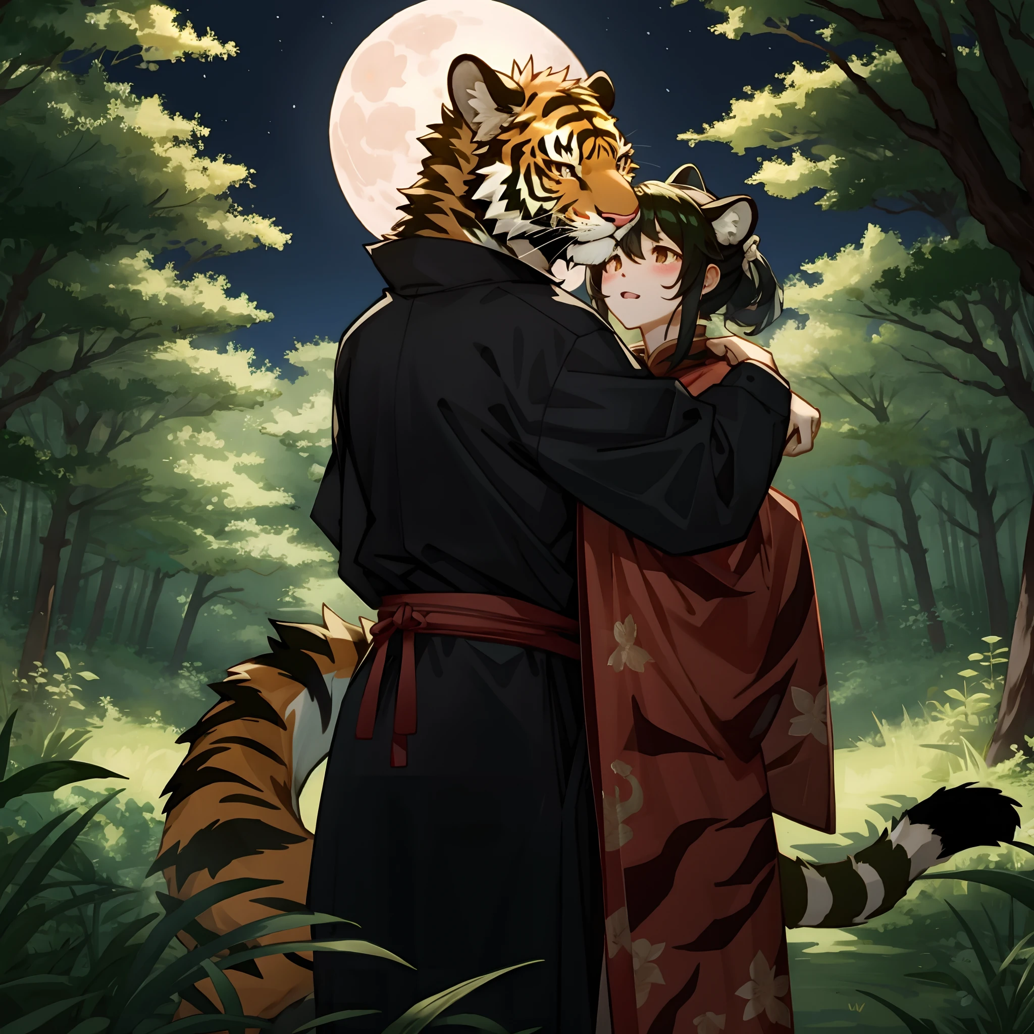 amboo forest, moon, Chinese, male animal tigers and human girl,