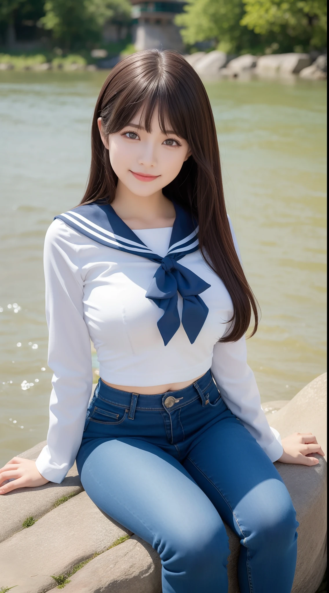 a pregirl,Large breasts, ssmile, looking at viewert, sailor uniformm,skintight jeans, photore, realisticlying, Best quality at best, employee, 详细的脸, Sit on a large rock in the middle of the river, diffuselighting, depth of fields, Background bokeh