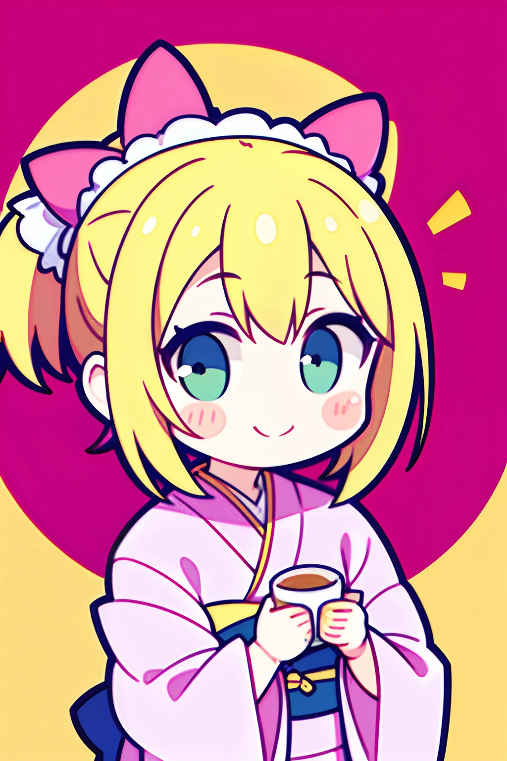 (Perfect picture quality:1.1),(masterpiece:1.1),(high quality:1.1),1 girl, SOLO,(wearing pink gorgeous kimono:1.3), yellow hair, double ponytails on both sides, indigo double bow headdress, looking at the camera, smiling and doing a heartbeat, drinking tea, randomly tiled loving gray background,