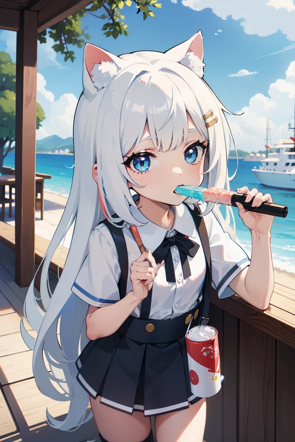 , peitos pequenos, cabelo longo, cabelo branco, cidade, uniforme escolar branco, olhos multicolor, comendo sorvete, 夏天, ensolarado, orelhas de gato, coxas grandes