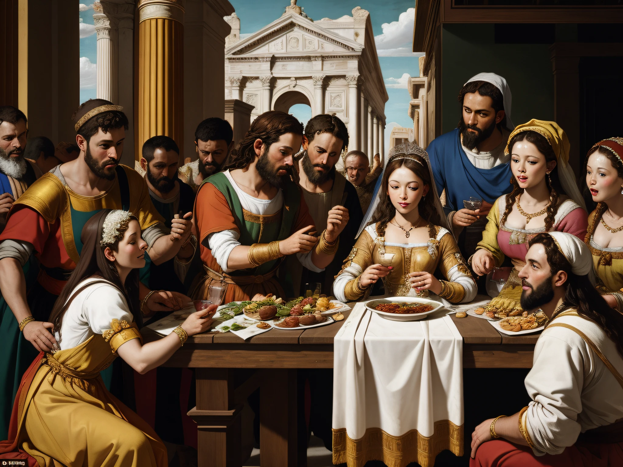 The Wedding at Cana (or The Wedding Feast at Cana) by Paolo Veronese is an oil on canvas that was painted in 1563 for the Benedectine Monastery of San Giorgio Maggiore in Venice. It depicts the Biblical Wedding Feast at Cana where according to the New Testament, Jesus performed his first miracle by turning water into wine. The Biblical story, however, is set into Veronese’s time although some figures are depicted wearing antique clothing