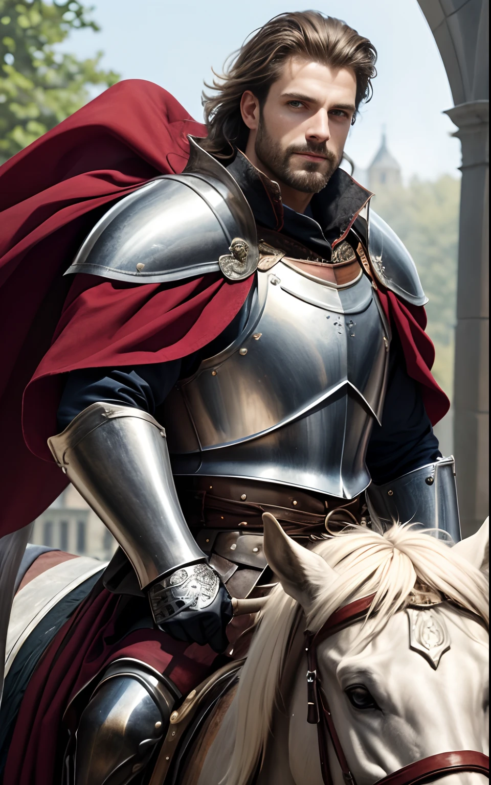 tmasterpiece，best qualtiy，The is very detailed，Original design，Unique accessories，medieval fantasy，professionally retouched，closeup cleavage，（male people：1.9），（Portrait of a noble male knight），Dignified，At noon，Sword and shield，Heavy armor，（sbeard：1.3），mounted on a horse，ssmile，red capelet，cheveux gris courts，musculous，