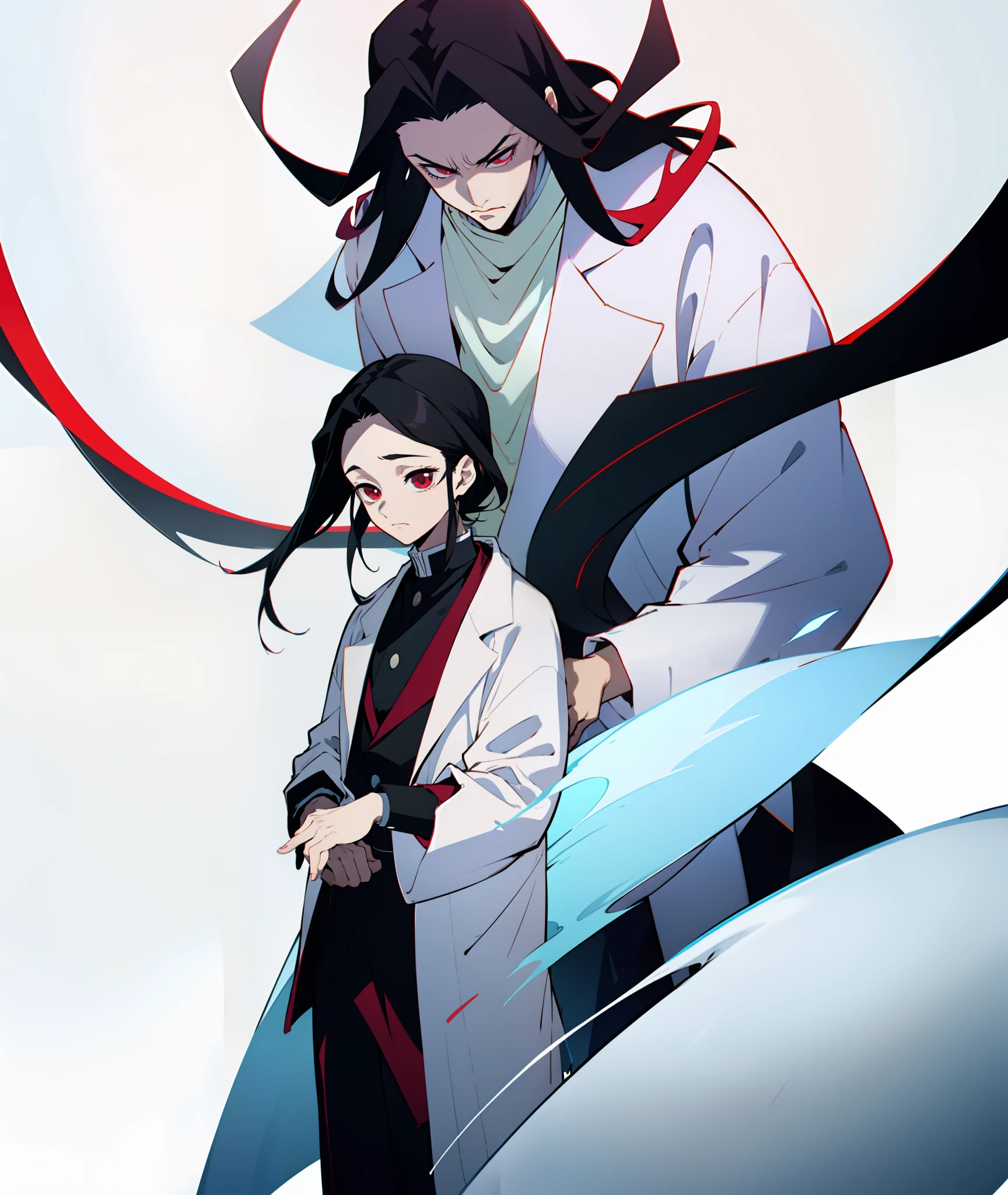 1boys, Long black hair,red eyes, high-necksweater, White doctor coat, Majesty,gentleness
