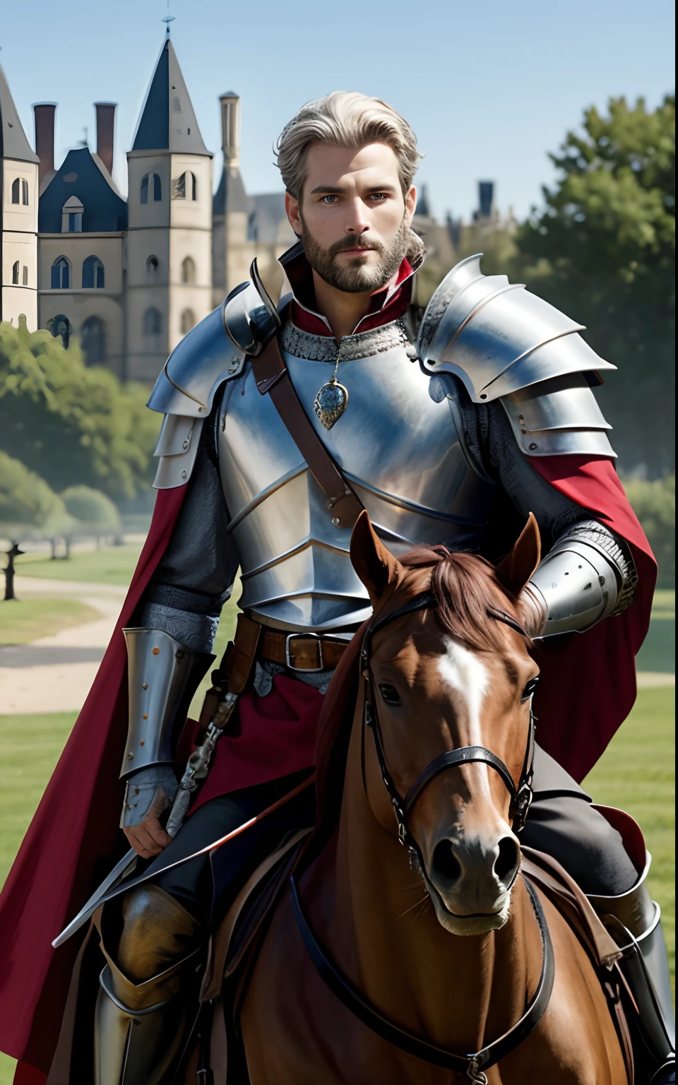 tmasterpiece,best qualtiy,The is very detailed,Original design,Unique accessories,medieval fantasy,professionally retouched,closeup cleavage,(male people:1.9),(Portrait of a noble male knight),Dignified,At noon,Sword and shield,Heavy armor,(sbeard:1.3),mounted on a horse,ssmile,red capelet,cheveux gris courts,musculous,