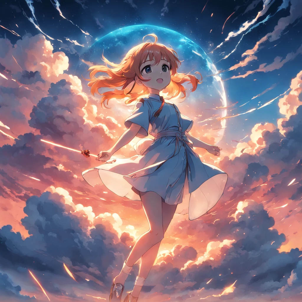 masterpiece, best quality, movie still, 1girl, cloud girl, floating in the sky, close-up, bright, happy, warm soft lighting, sunset, (sparks:0.7)
