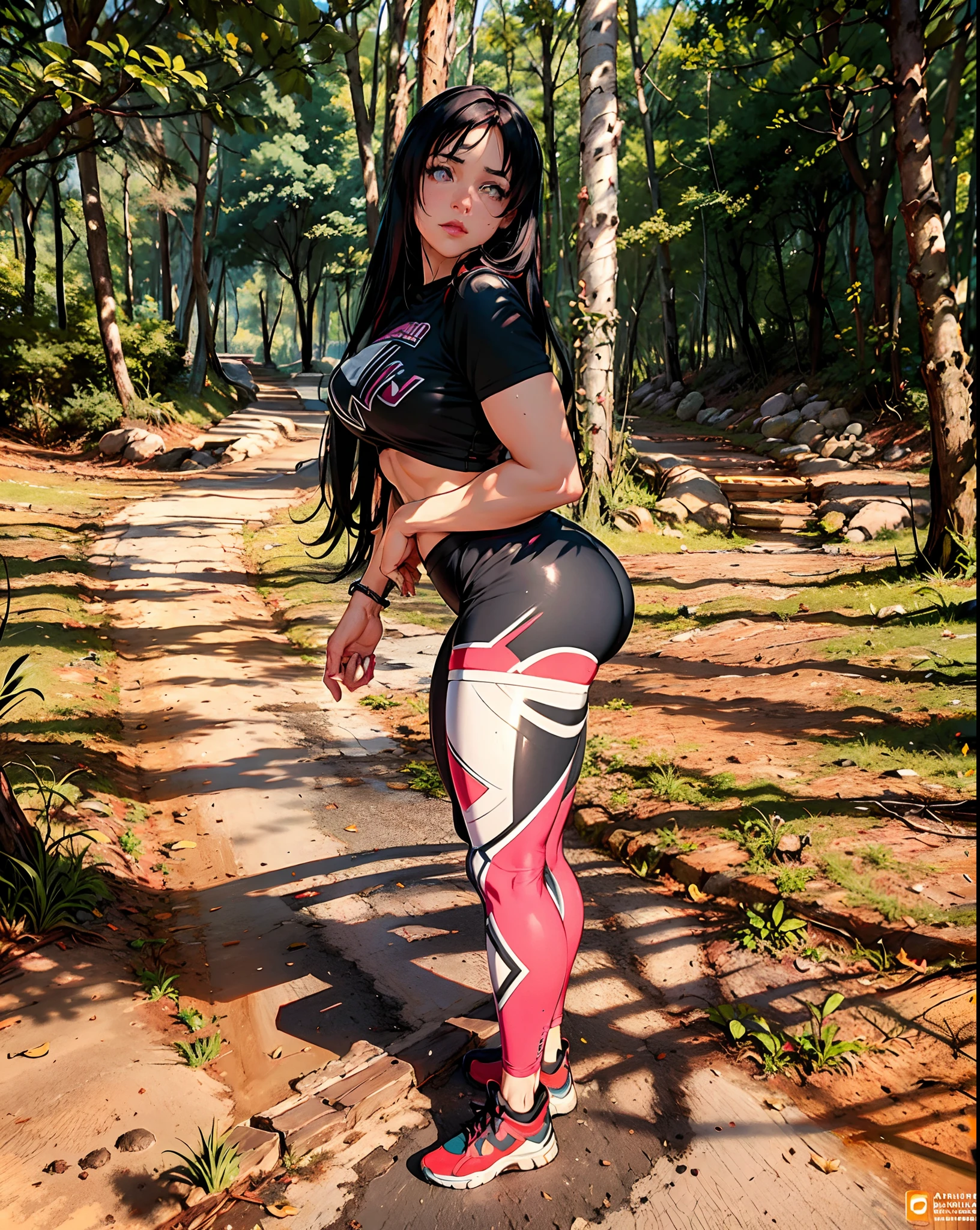 Araufe's wife in tight pants and black shirt standing in a forest, Leggings, sao paulo, Leggings, fernanda suarez, Cottagecore!! corpo fitness, imagem de perfil, 🤬 🤮 💕 🎀, roupa apertada, Poses completas, estilo esportivo profissional, sporty physique, brasileiro, Photo adjustment, thicc, standing athletic pose, Pokimane