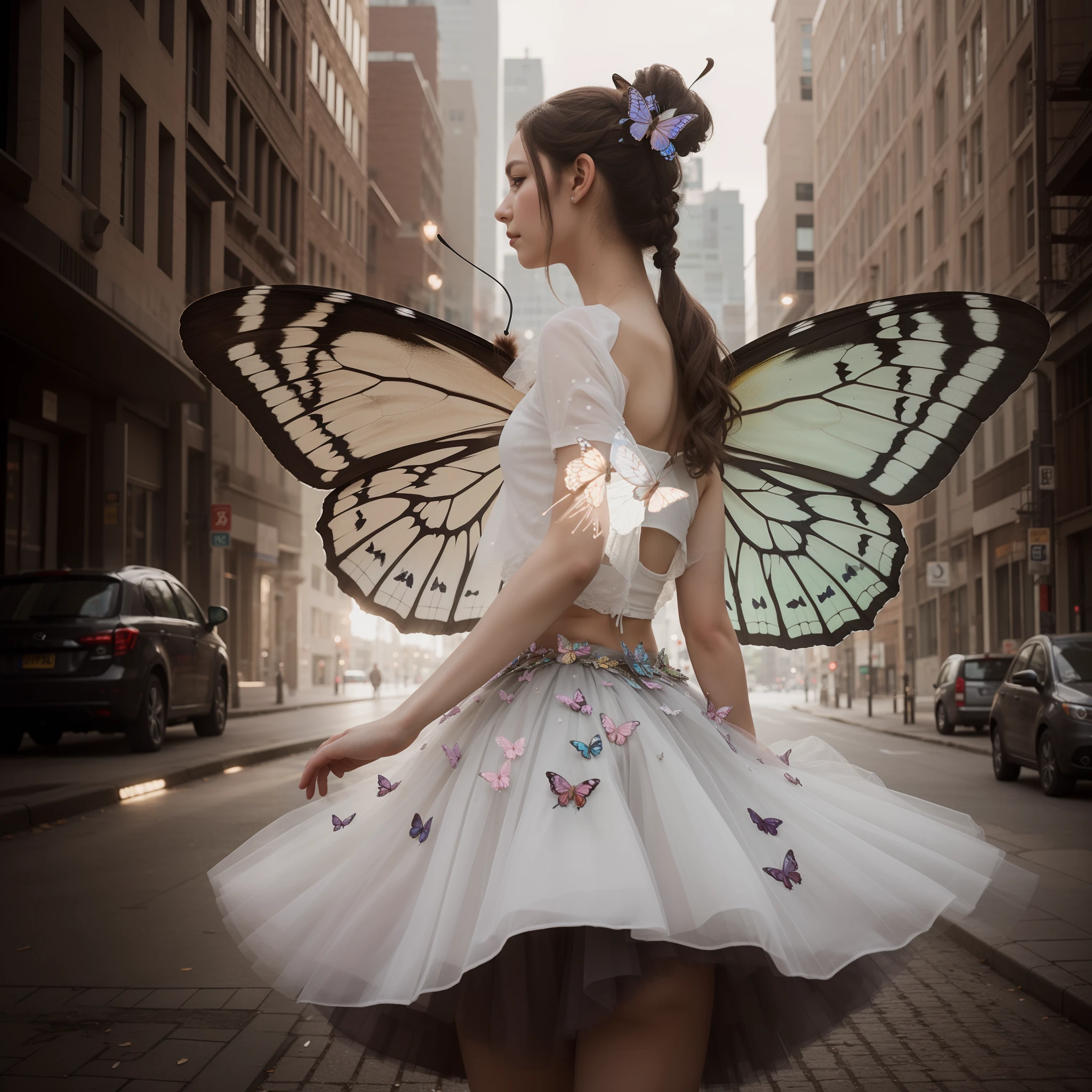 Butterfly-themed graffiti, woman portrait, Brad Kunkle vibes, tutu and Russ Mills' fusion, hip skirt wings, Andrey Gordeev touch, hyper-realistic execution, dreamlike atmosphere, delicate tutu layers, iridescent butterfly, three-quarter view, contemplative pose, juxtaposed urban landscape, warm city lights, gentle shadows, impeccable symmetry, meticulous detailing, contemporary artistic methods, ultra HD clarity, 50mm prime lens, Sony A7R IV