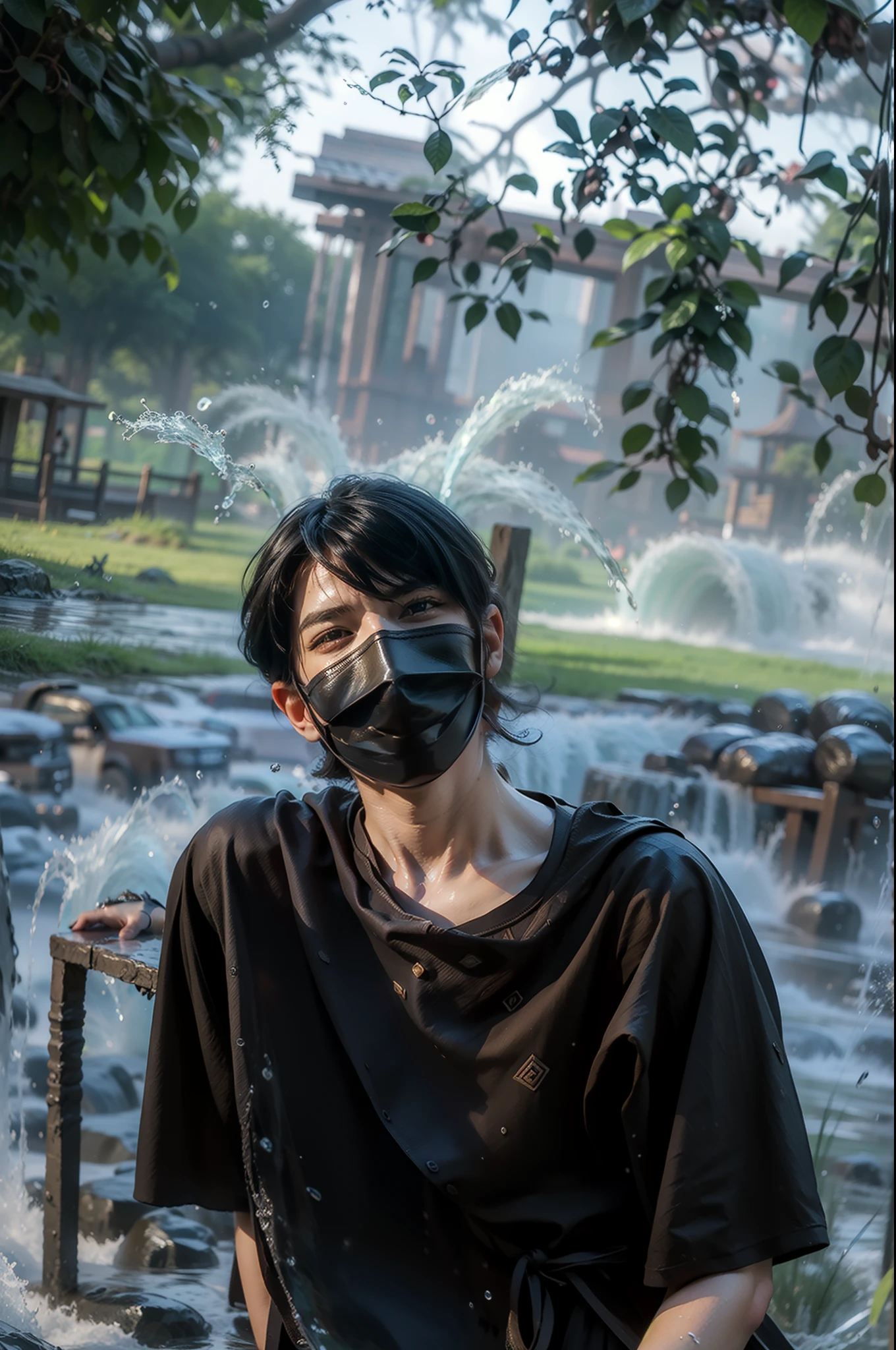 Imperial water,Surrounded by water jets,Splashes in the air,1boys,8K,Realiy,Man standing,Surrounded by water jets,The legend of Xianxia,Fantasy world,Xia customer service appeared,Handsome face,Look straight ahead,intricately details,tmasterpiece:1.2,best qualtiy