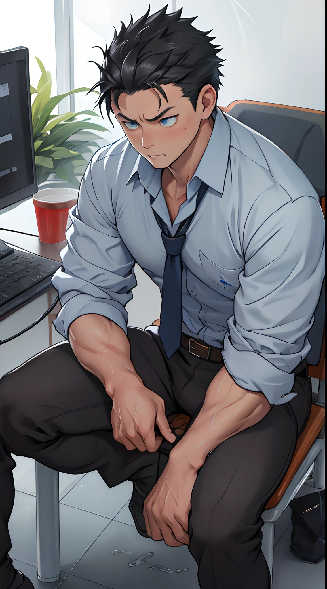 (1 Adult male),A high resolution, Sharp focus, Pixiv masterpiece, ((Complicated details)), highly detailed, natsuki_subaru, 1 man,perfect male figure,Urine on the trouser leg, Nervously bow your head,is shy,embarressed,exhilarated,is shocked,panicking,worry,Very eager to pee,Unbearable,Wet yourself,Urine discharge,full bodyesbian,Sit across from the office,Tired,decadent, blue color eyes(eyes glowing), Black hair short hair,Blue plaid shirt,Wear a tie,Wear a belt,trousers,perspire,Drenched,Get wet,pissing,urine flows down the pants,look from down